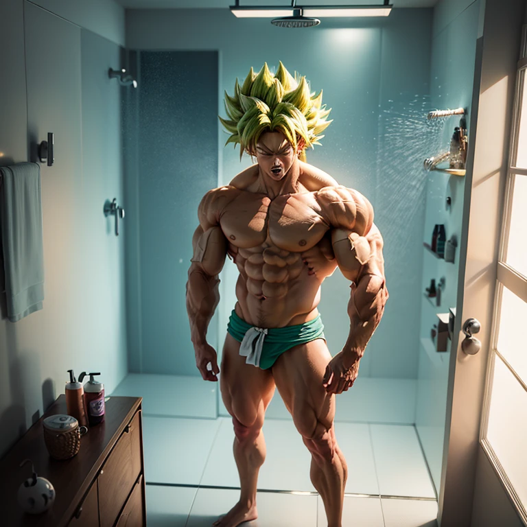 (Eine detaillierte Zeichnung von Son Goku, bodybuilding shower room), nackt unter der Dusche, gamz body image, Barefoot, bare body, keine Kleidung 