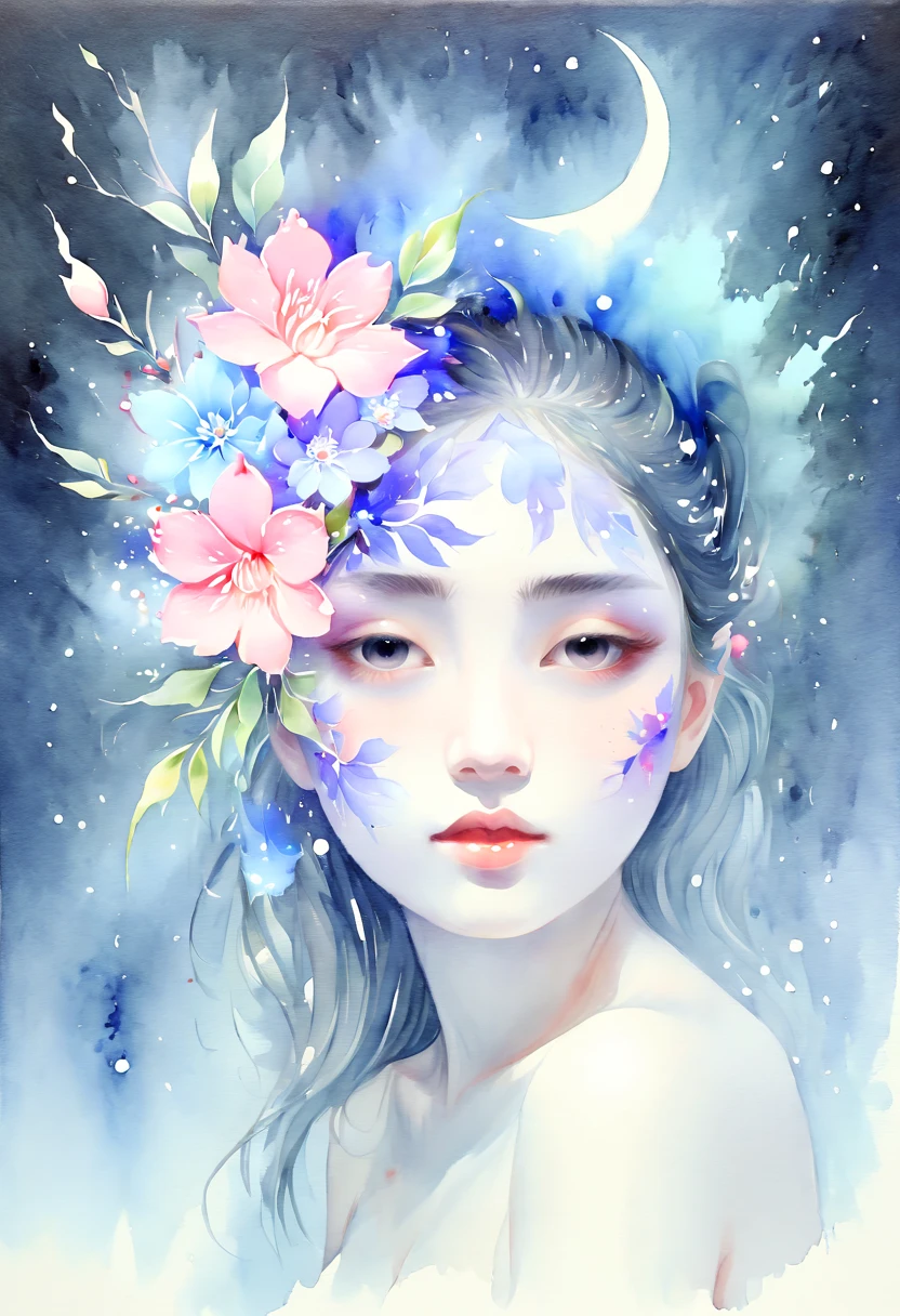 (watercolor painting, watercolor art:1.4), flowers, night, the head of a girl, (inspired by Miki Asai), best quality, masterpiece, 8k