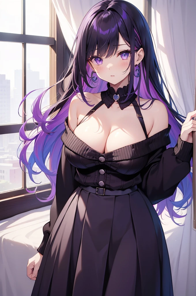 (best quality, 8k, 32k, masterpiece, UHD:1.2), highres, sharp focus, detailed outfit, beautiful detailed hair, delicate details, 1 girl, long hair, straight hair, (multicolored hair, gradient hair, two-tone hair, black hair, purple hair:1.2), purple eyes, blue earrings, parted lips, blush, large breasts, pajama, cleavage, cute, shy, sweet, indoors, night, dim, bedroom, bed, window, curtains, dynamic pose, dynamic angle, looking at viewer, nice hands, perfect hands, outfit-gls, sweater, high-waist skirt, long skirt