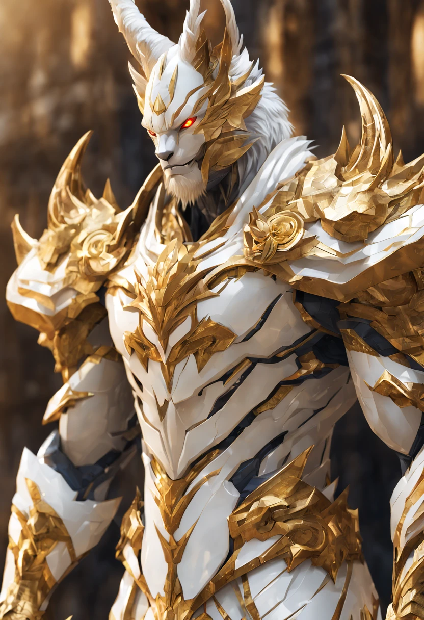 Medium shot of a man with a white and gold costume, gilgamesh, fit male demon with white horns, muscular werewolf, caracal cyborg, mobile wallpaper, badass anime 8 k, white fox anime, tiger_beast, amazing wallpaper, intricate white and gold armor, detailed anime character art, as a titan, 8k high quality detailed art