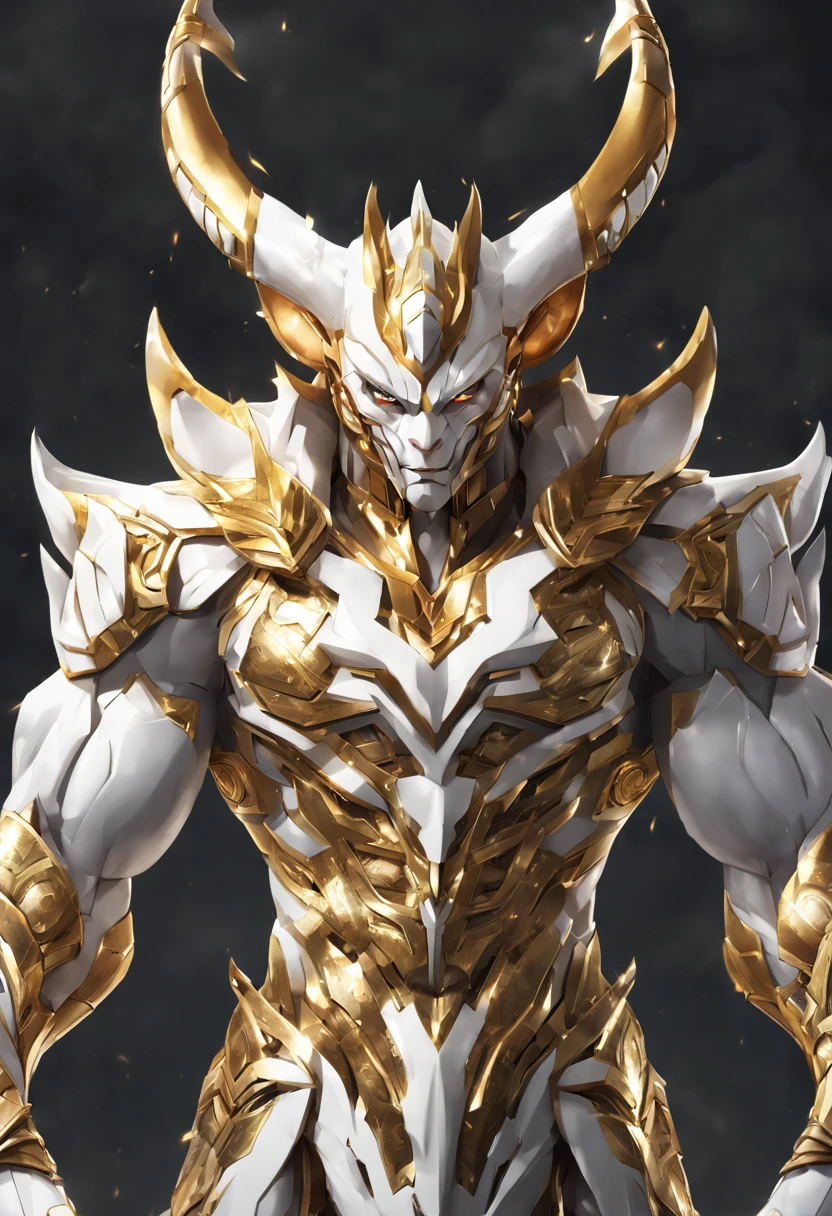 Medium shot of a man with a white and gold costume, gilgamesh, fit male demon with white horns, muscular werewolf, caracal cyborg, mobile wallpaper, badass anime 8 k, white fox anime, tiger_beast, amazing wallpaper, intricate white and gold armor, detailed anime character art, as a titan, 8k high quality detailed art