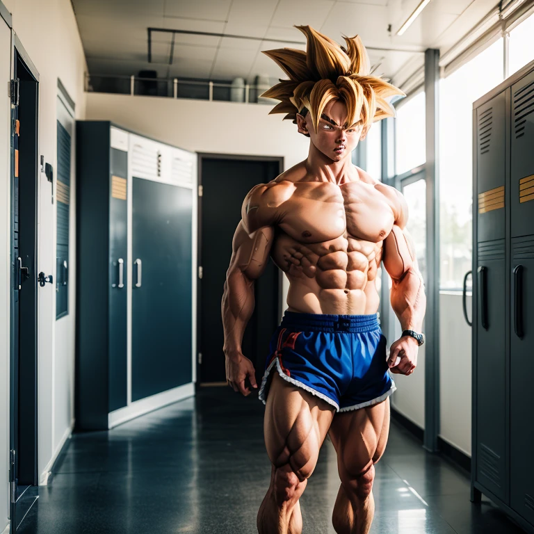 (Eine detaillierte Zeichnung von Son Goku, bodybuilding gym.), shirtless, barefoot, in locker room, Kleidung auf dem Boden verteilt