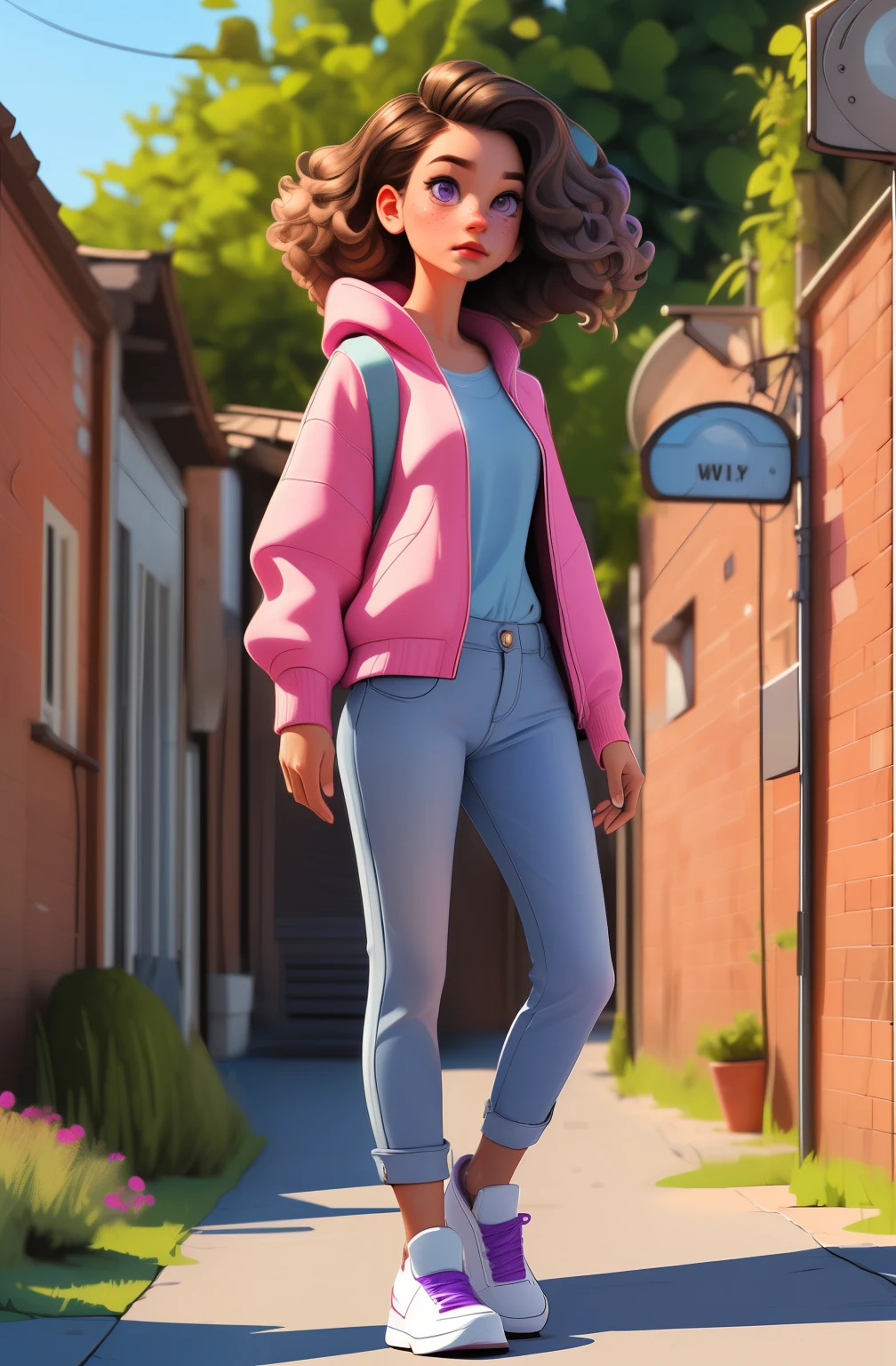 masterpiece, best quality, freckles, solo, tan skin, 1girl, wind blowing hair, multicolored hair, black sneakers, purple eyes, blue sweater, undercut, blush, long sleeves, full body, pants, indian style, looking away, looking to the side, outdoors, poster art 1980's, tritone