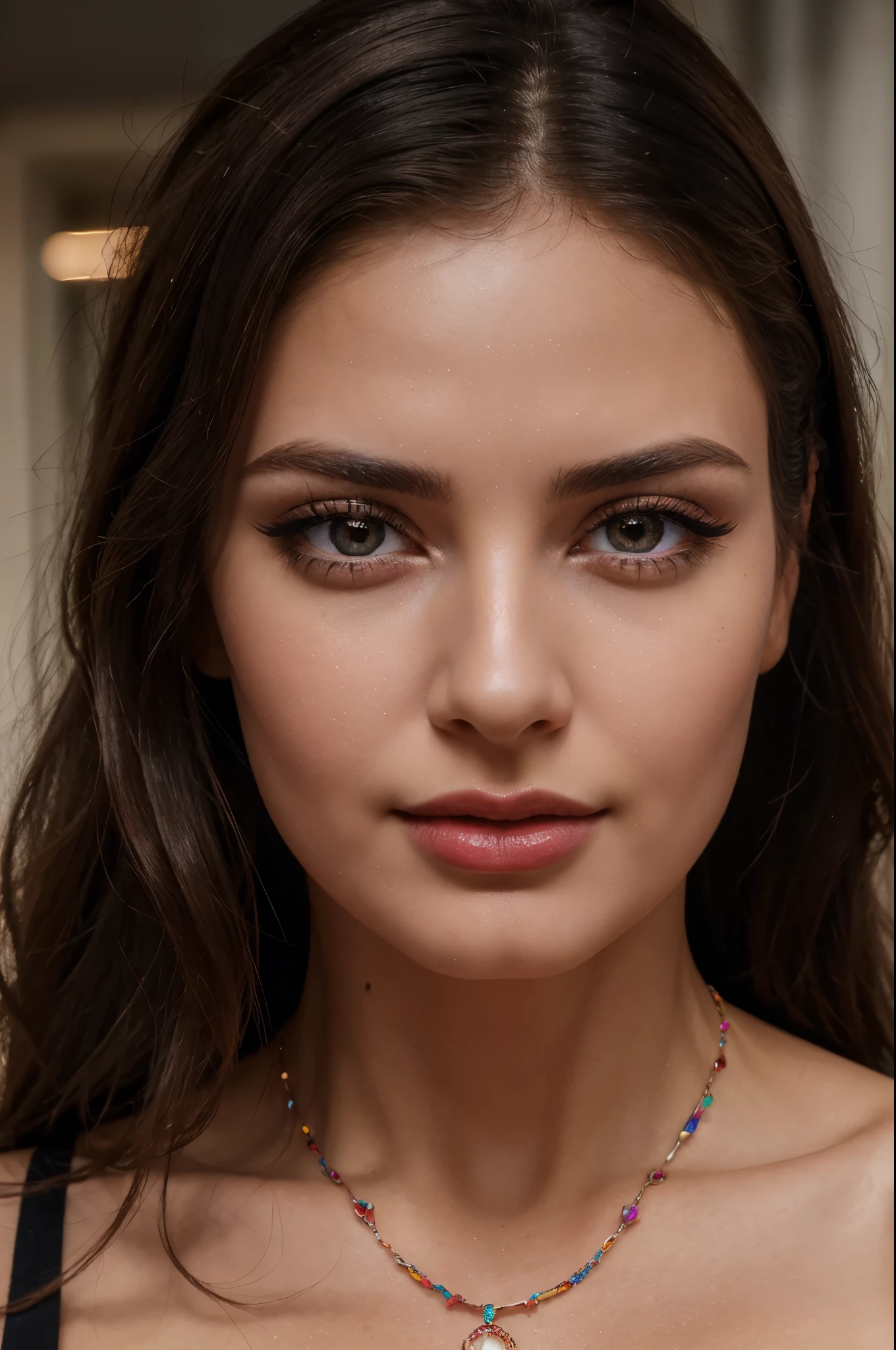 (best quality,4k,8k,highres,masterpiece:1.2),ultra-detailed,glamorous woman,beautiful detailed eyes:1.1,starry necklace,face close-up,dark hair flowing,vibrant lipstick,long eyelashes,photorealistic,colorful:1.1