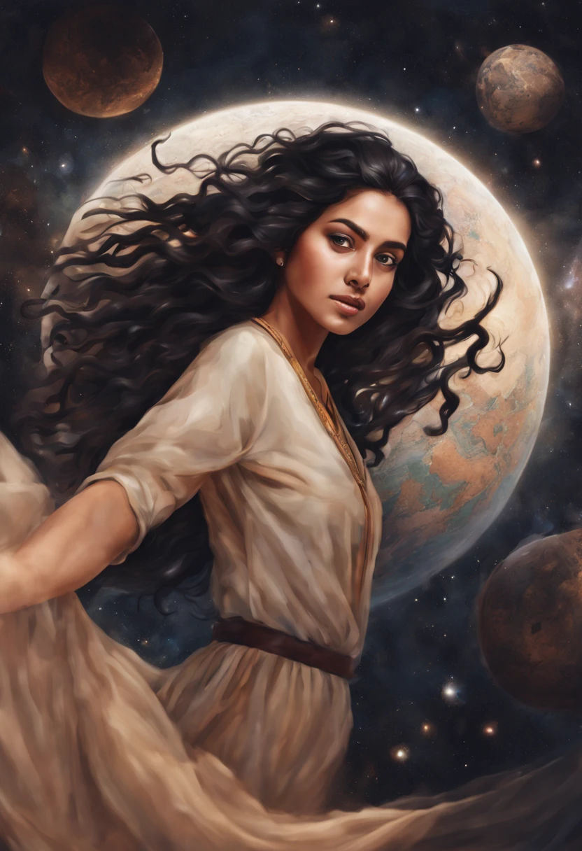 realistic full size photo of beautiful woman with black hair floating in space above earth, wearing chuditar, hair roots slightly faded, malayali, brown eyes, no makeup, indian white skin, instagram, slight chubby, closed eyes and feeling breeze, hands spread out