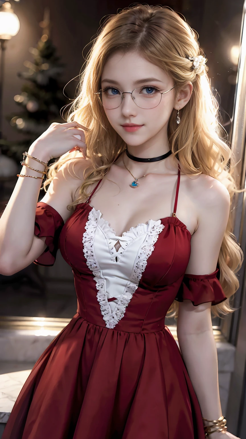 22 year old white female、hair color is blonde、blue eyes、long hair、The ends of the hair are wavy、decorated with ribbons、accessories on wrist、wearing a necklace、has earrings、skin is smooth、Slender but muscular body、smile、She is wearing a knit dress with a wide open chest.、wears glasses with thin frames、smile、High resolution