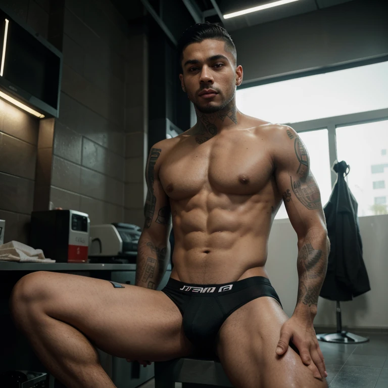 Homem jovem latino, Athletic and fit, com tatuagens de gangue no corpo e rosto, cabelo castanho claro curto raspado dos lados, olhos castanhos claros penetrantes e rosto de delinquente, cara de mau, only with underwear, is sitting in a futuristic cyberpunk style room.