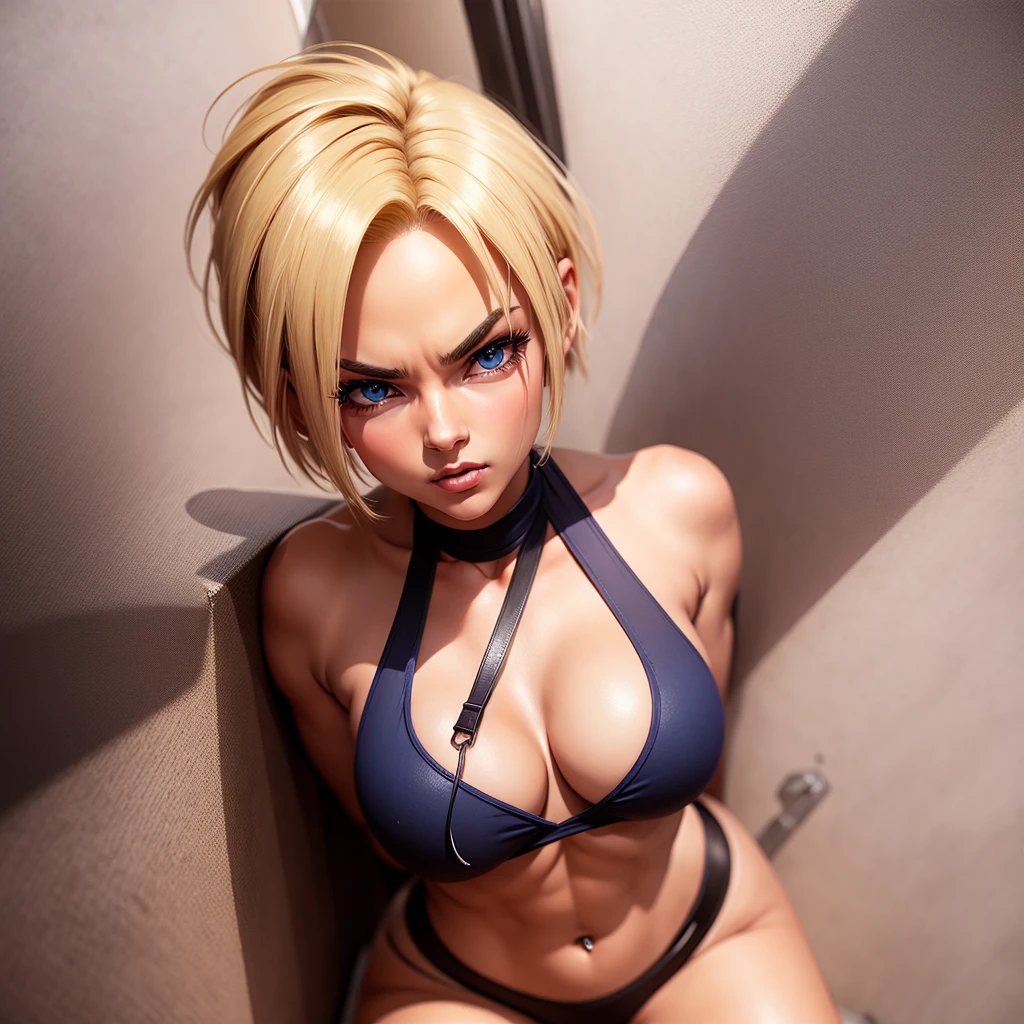 Android 18 Dragon Ball Z, short blonde hair, blue eyes,