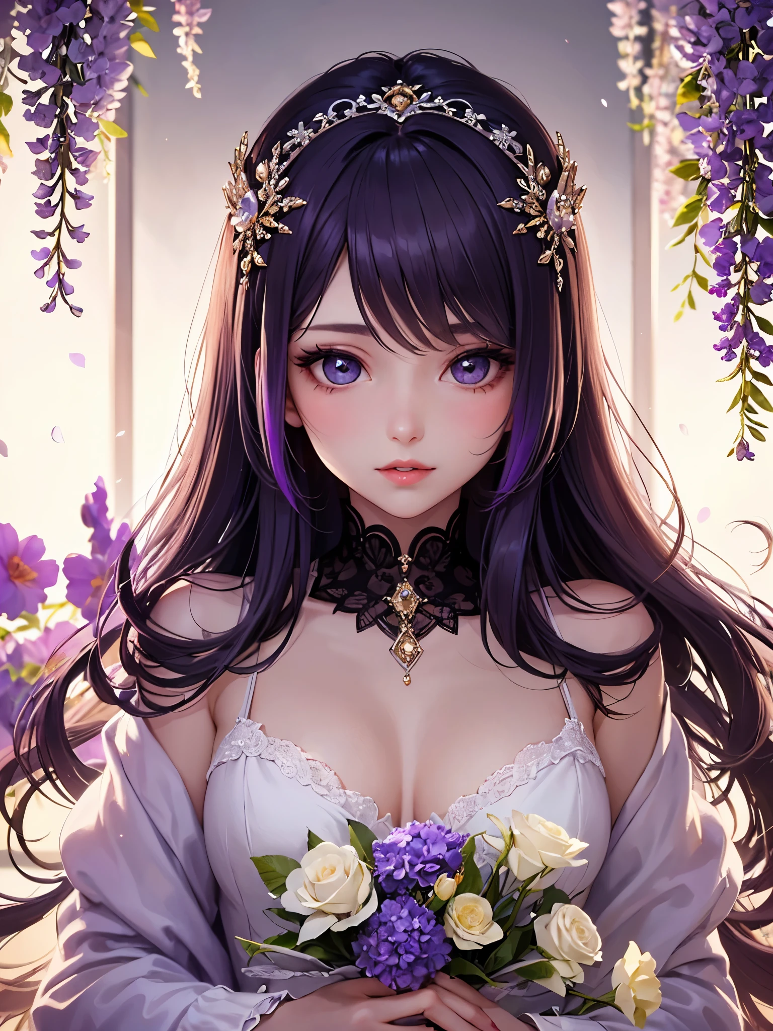 nsfw, masterpiece, best quality, ultra detailed, super fine illustration, an extremely cute and beautiful girl, highly detailed beautiful face and eyes, beautiful hair, sexy, 1 girl, dynamic angle, cowboy shot, shiney sun lighting, purple tone