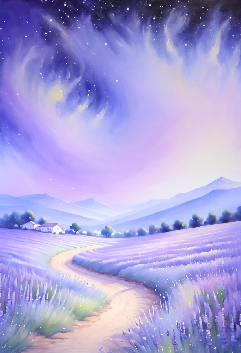 (watercolor painting:1.4), close up of Wildflower and lavender fields, flowers, night, (inspired by Miki Asai), best quality, masterpiece, 8k