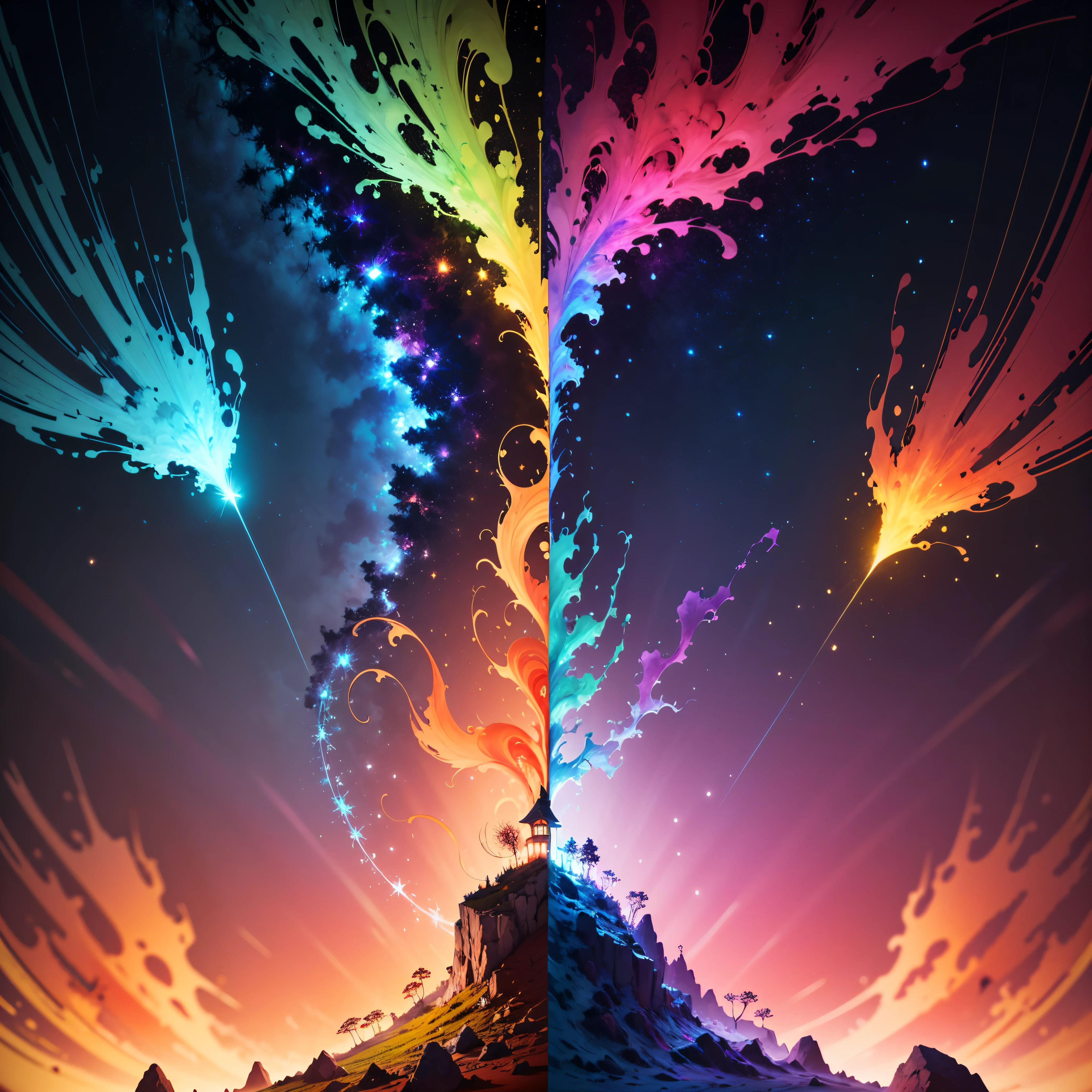 Hyper Vibrant Nebulae Octans by_Mappa Spacious Starry_sky ((🎈Sunset epic sunshine parabolic sunrise Rain_Color Colorful_liquid_on_naked_body:1.3 Colorful_body Colorful_ink_on_hair:1.2 Rainbow Abundant_colorful_liquids White_liquid fullbodye wet_Color_liquid)) In the vast expanse of the cosmos, a breathtaking image unfolds before your eyes. In the heart of a starry galaxy, vibrant nebula dance and swirl, their ethereal colors blending and intertwining. The scene is a symphony of cosmic beauty, with tendrils of interstellar dust and gas reaching out into the void. The stars shine with an otherworldly brilliance, illuminating the cosmic tapestry that stretches across the vastness of space. It is a visual feast for the senses, an awe-inspiring glimpse into the wonders of the universe. BREAK,Detailed,Realistic, highly detailed digital art,octane render, bioluminescent, BREAK,by Mappa studios,masterpiece,best quality,official art,illustration,ligne claire,(cool_color),perfect composition,absurdres, fantasy,focused,rule of thirds masterpiece meticulously intricate 🎠deep path equirectangular🎡 ultra_high-details extreme improved ultra_high-quality ultra_high-res ultra_photo-realistic optimal ultra_sharpness perfection accurate volumetric SunLight Lightning_contrast global_illumination cgi vfx sfx reflex Octane_rendered ultra_high-def UHD XT3 DSLR HDR romm rgb pbr 3dcg fxaa blu-ray vivid colors-coded anti-aliasing fkaa txaa rtx ssao opengl-shaders glsl-shaders post-processing post-production cell-shading tone-mapping ❤luminescence 😘glow 👩Heart hearth Crystalline butterfly earth invoke monarch magic fleuraison monster monstrous creature sundrop slide onyx summon transparent ruby Earth hearth bloom flash Tourmaline opal strange glow hole reflection varies multi etc. --s 1000 --c 20 --q 20 --chaos 100