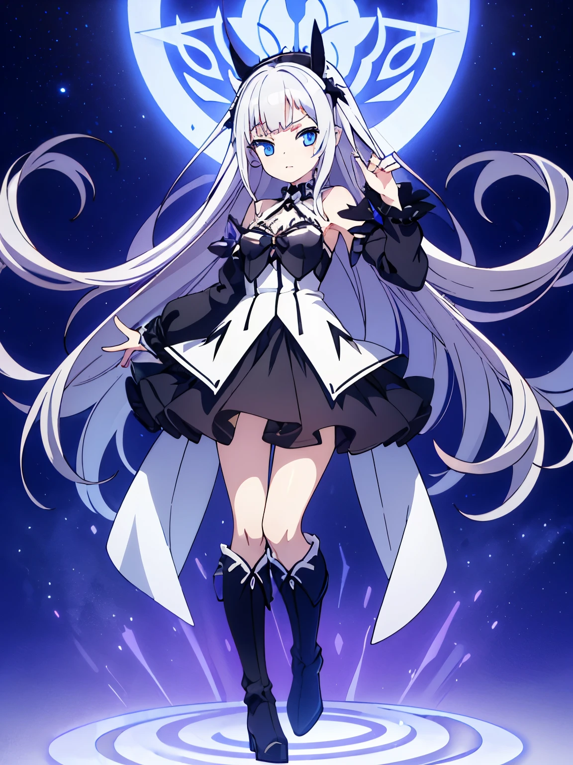 best quality,1girl,woman,full body,pale skin,petite,silver hair,long hair,straight hair,[hair band],blue eyes,small breasts,gothic [[[[[[****ta]]]]]]],(coat),grilled skirt,boots,bare shoulders,megami magazine,