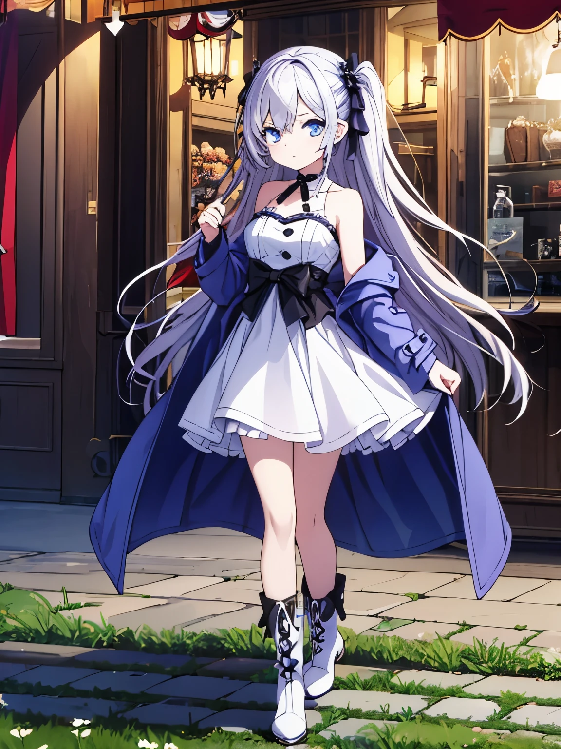 best quality,1girl,woman,full body,pale skin,petite,silver hair,long hair,straight hair,[[[hair accessary]]],blue eyes,small breasts,gothic [[[[[[lolita]]]]]]],(((coat))),grilled skirt,boots,bare shoulders,megami magazine,