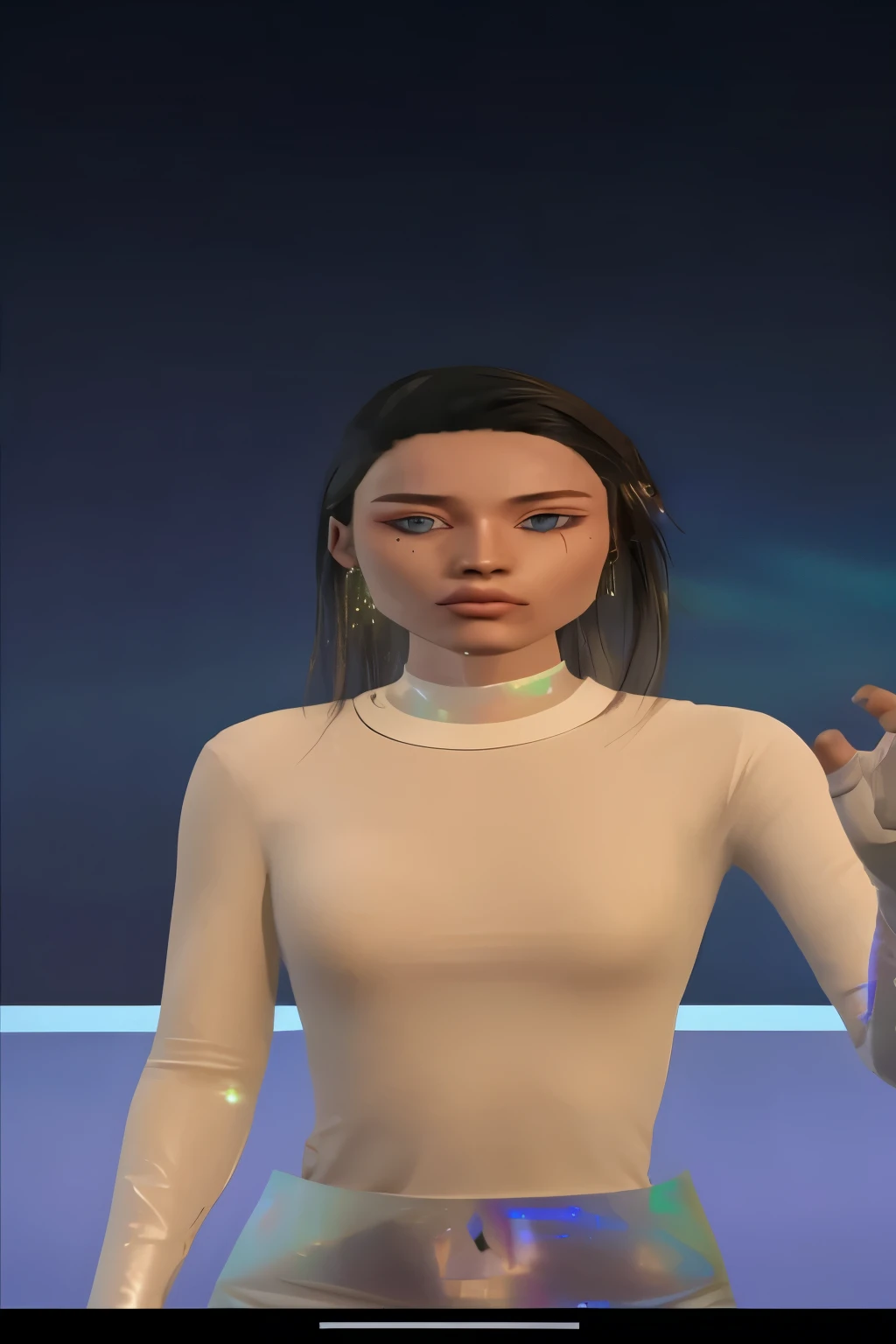 A woman as a second life avatar, wearing a cream color long-sleeve top, and hip-hugging holographic leggings, attractive androgynous humanoid. background is a window that depicts a night sky.