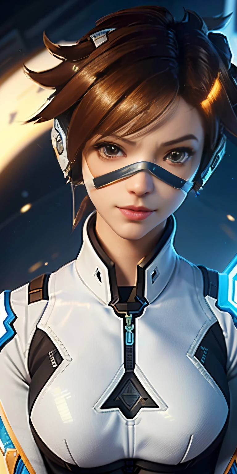 (Overhead view),dynamic angle,ultra-detailed, illustration, close-up, straight on, 1girl, 
 ((Tracer from Overwatch, interface headset, white bodysuit:1.4, brown hair)),Her eyes shone like dreamy stars,(glowing eyes:1.233),(beautiful and detailed eyes:1.1),(playful smile),(active pose),
(night:1.2),dreamy, [[delicate fingers and hands:0.55]::0.85],(detail fingers),