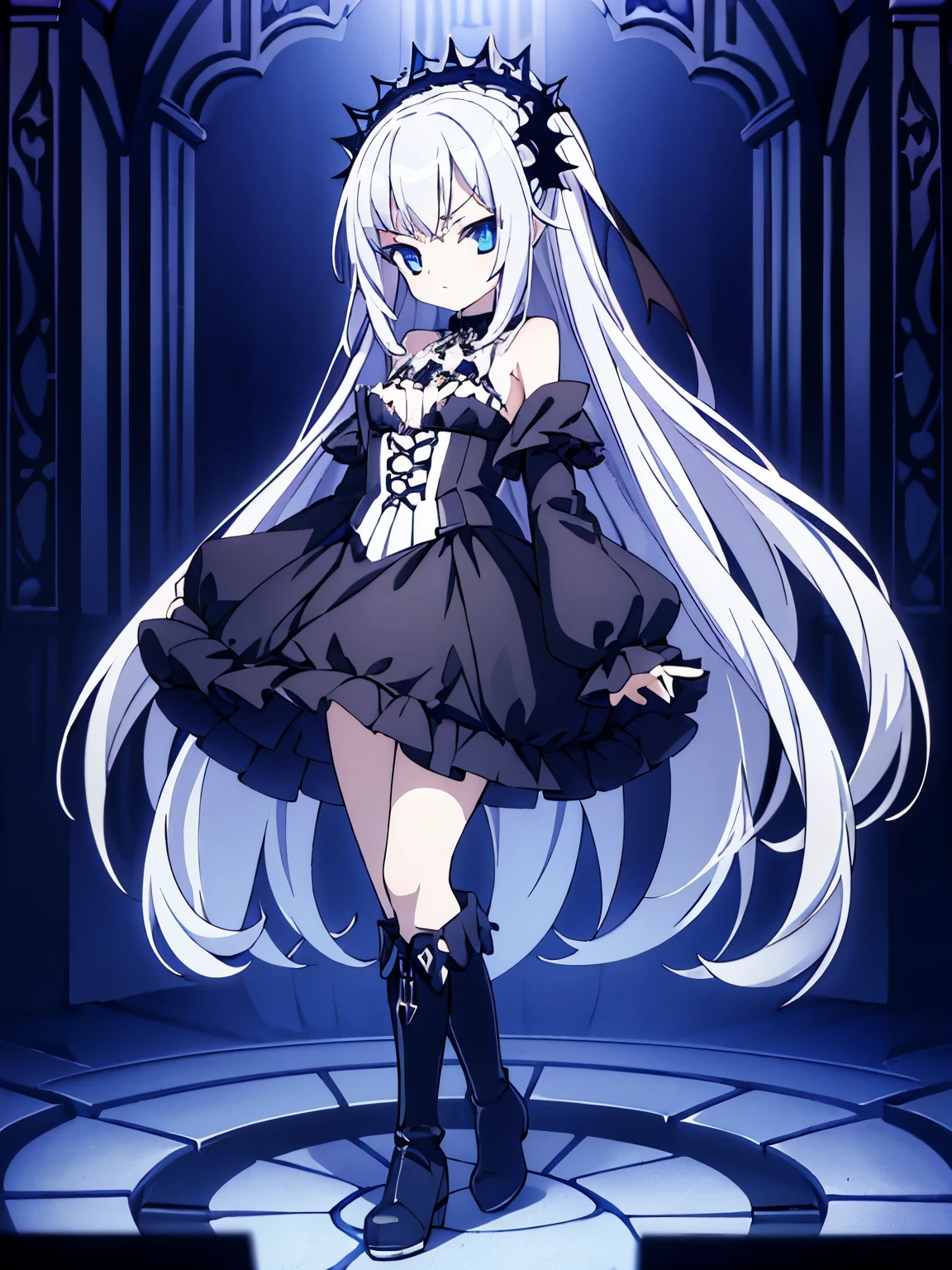 best quality,1girl,woman,full body,pale skin,petite,silver hair,long hair,straight hair,[[[hair accessary]]],blue eyes,small breasts,(((gothic))) [[[[[[lolita]]]]]]],(((coat))),grilled skirt,boots,bare shoulders,megami magazine,