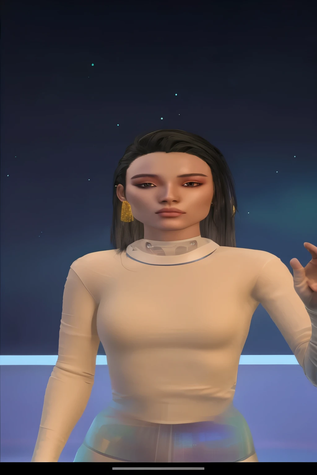 A woman as a second life avatar, wearing a cream color long-sleeve top, and hip-hugging holographic leggings, attractive androgynous humanoid. background is a window that depicts a night sky.