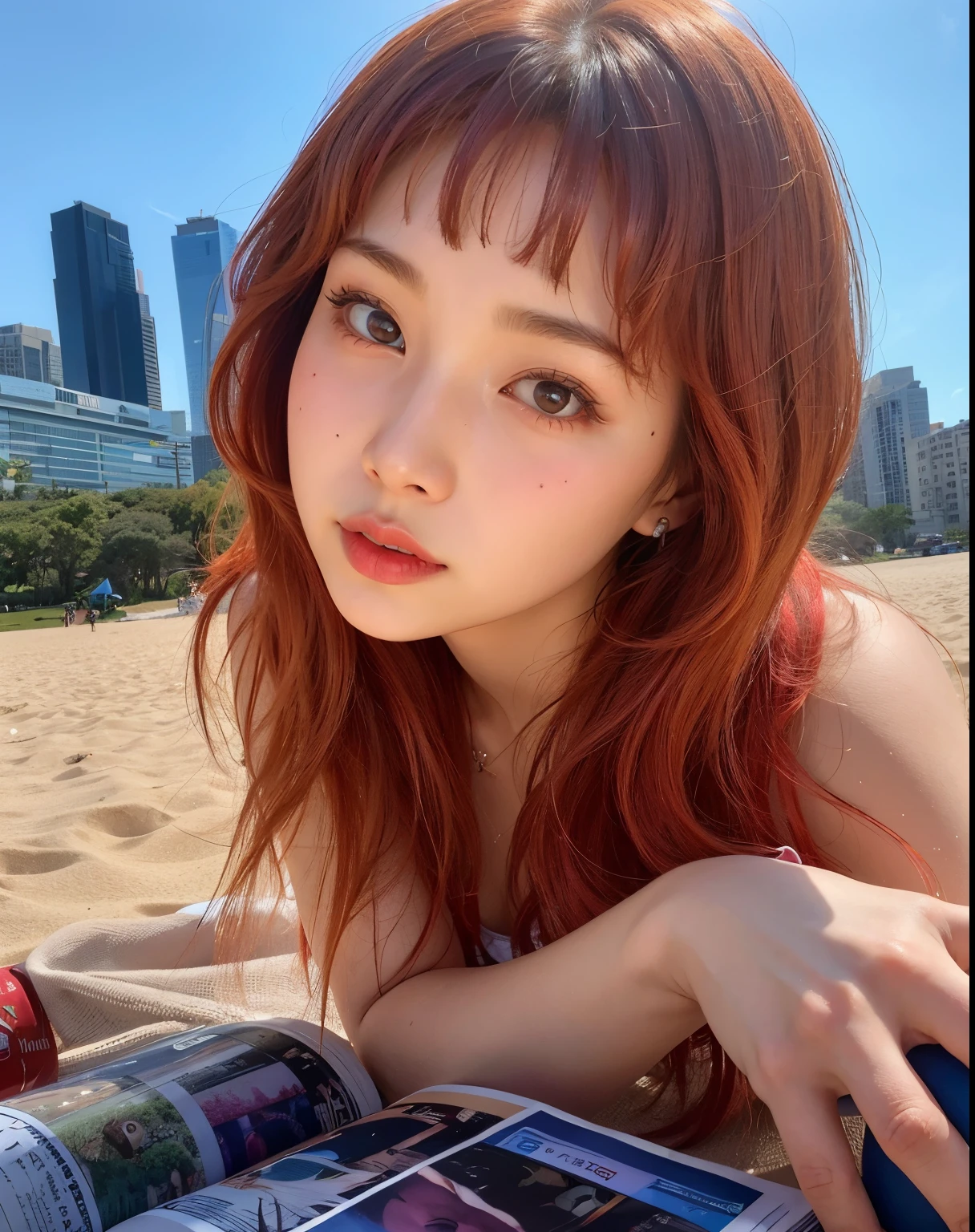 arafed woman laying on the beach with a magazine in her hand, lalisa manobal, lalisa manoban of blackpink, sun yunjoo, xintong chen, young asian girl, the hime cut, asian girl, belle delphine, lulu chen, basia tran, xision wu, chengyou liu, with red hair, chiho, joy red velvet