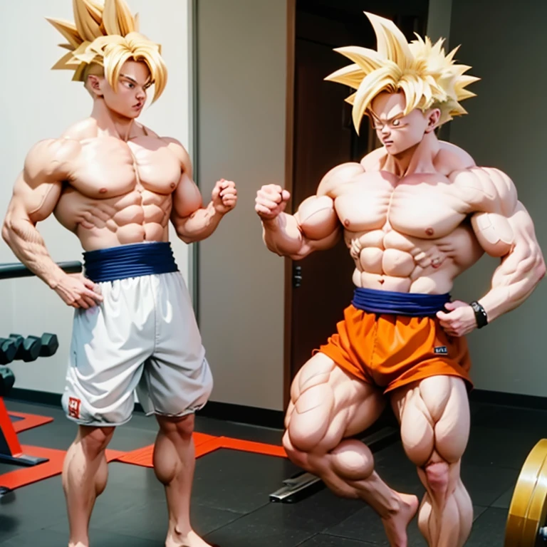 (Eine detaillierte Zeichnung von Son Goku, bodybuilding gym.), shirtless, barefoot, benchpress, Bizeps curls
