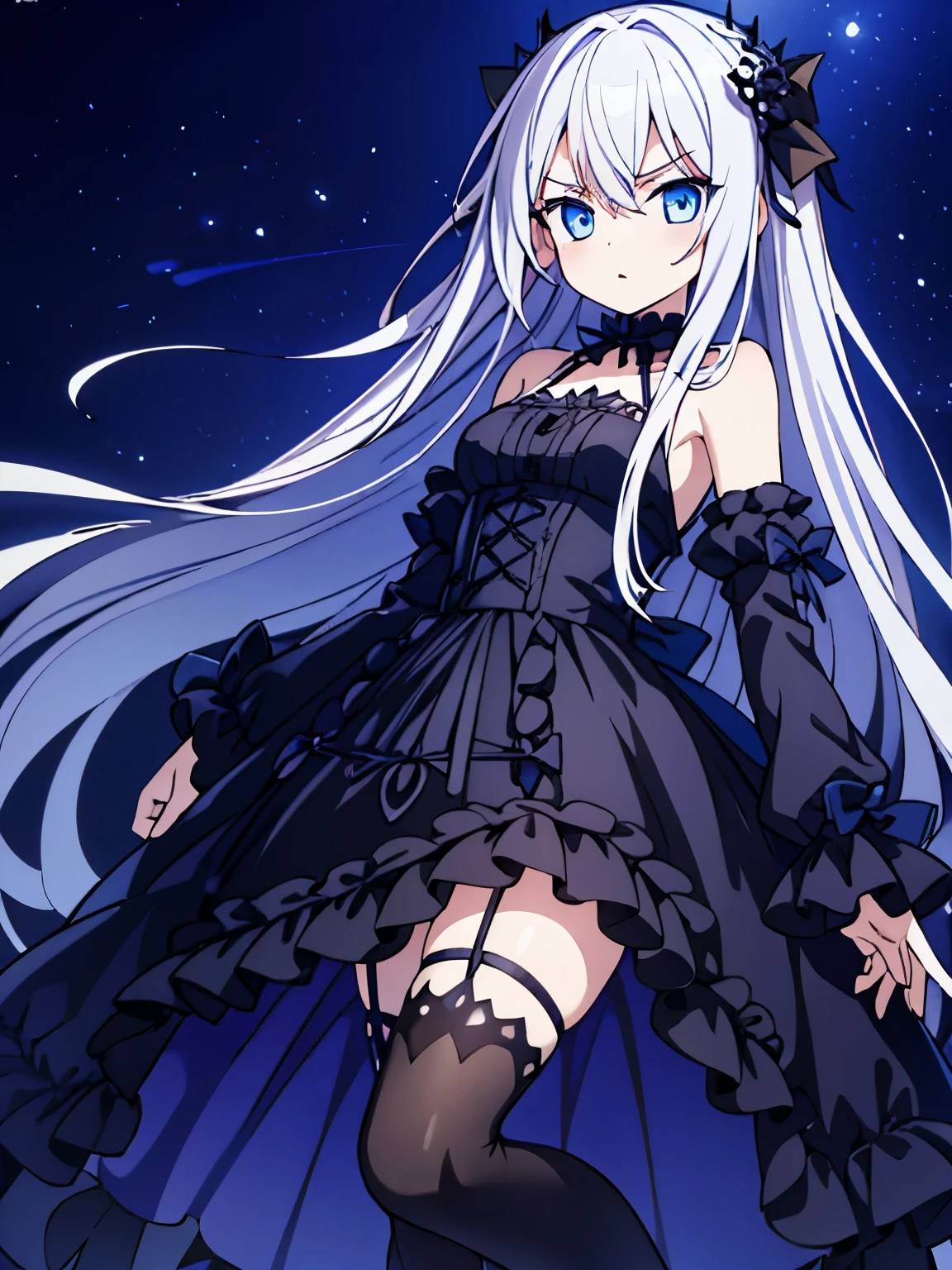best quality,(1girl),woman,full body,pale skin,petite,silver hair,long hair,straight hair,[[[hair aband]]],blue eyes,small breasts,(((gothic))) [[[[[[ta]]]]]]],(((coat))),grilled skirt,boots,bare shoulders,megami magazine,