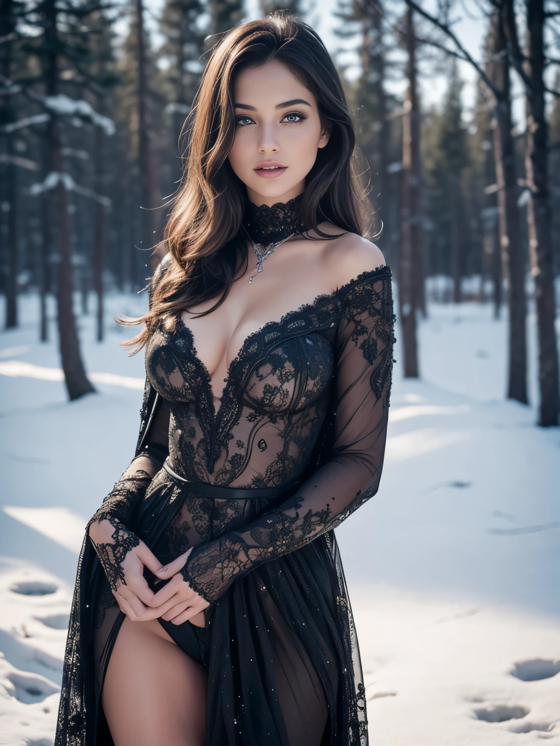An ultra hot beautiful european woman posing as December Playmate, age 23, light brunette, she's a men magazine model, flirts with camera, with mesmerizing eyes, luscious lips, and a captivating smile. She surrounded by a snowy village winter starry night, Northern lights, creating a picturesque scene. The woman wearing a glamorous outfit that accentuates her curves and adds a touch of elegance to the composition. The artwork done in a realistic style, with extreme attention to detail, showcasing the intricate patterns on the girl's dress.The colors are vivid and vibrant, with a color palette that evokes a cozy winter atmosphere. The lighting soft and diffused, casting gentle shadows on the woman's face and highlighting the beauty of the surroundings. The overall image quality of the highest standard, with ultra-detailed rendering and sharp focus. It a masterpiece that captures the essence of December's enchantment and beauty.
