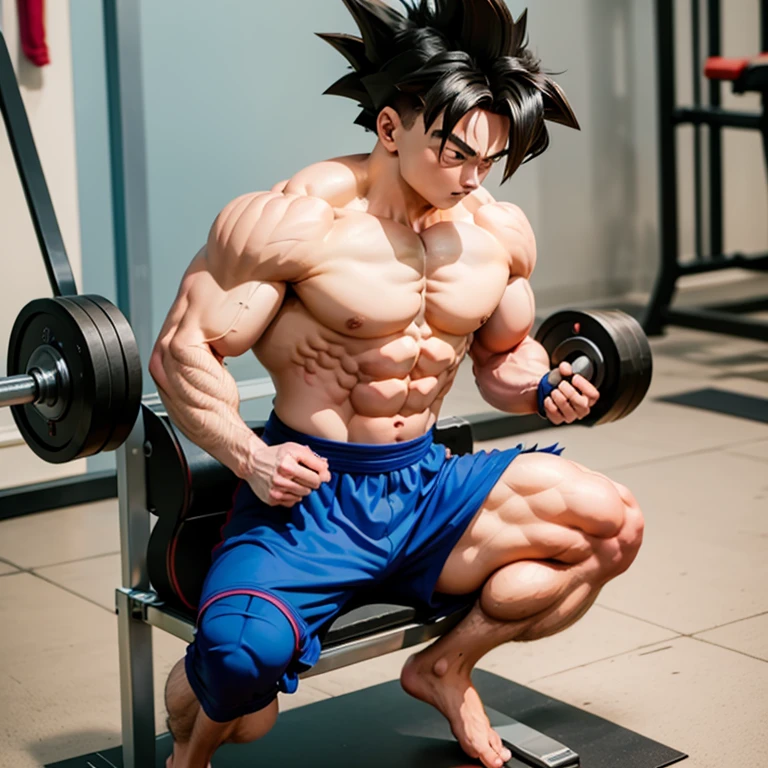 (Eine detaillierte Zeichnung von Son Goku, bodybuilding gym.), shirtless, barefoot, benchpress, Bizeps curls 