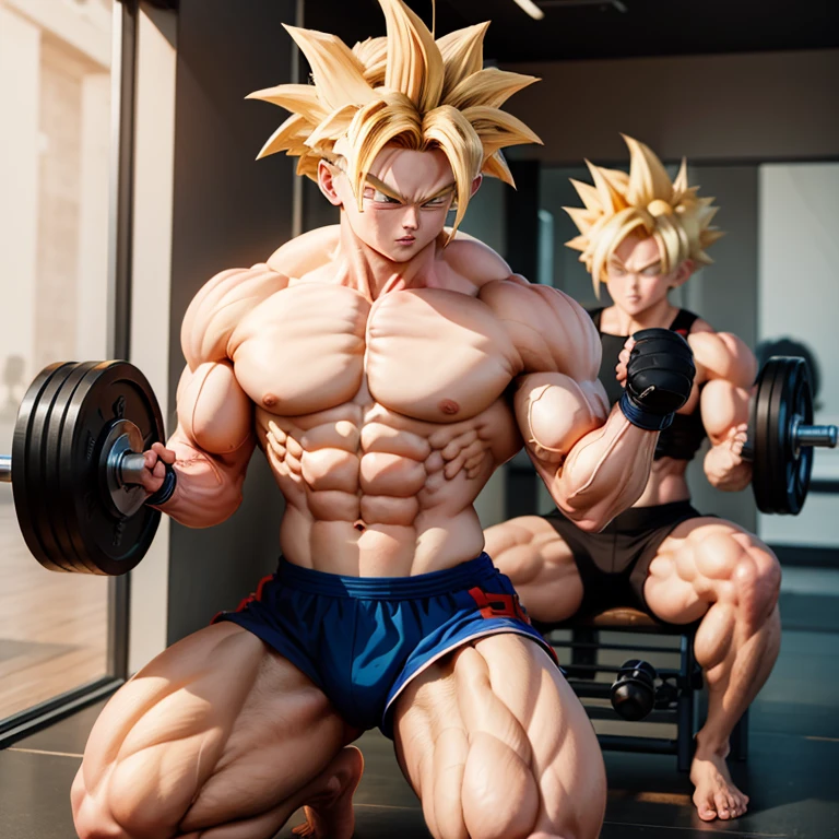 (Eine detaillierte Zeichnung von Son Goku, bodybuilding gym.), shirtless, barefoot, benchpress, Bizeps curls 