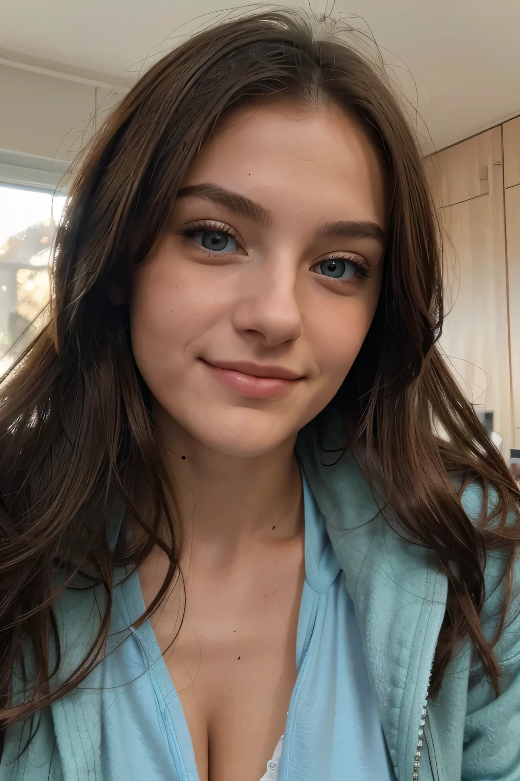 Shot of a 20 year old beautiful disabled model with down symdrom, nicht zu perfekt. foto soll wie amateur wirken, braune Haare, blaue Augen, happy face, realistische Fotografie. winterbild. beim spazieren. dicke jacke an with trisomie 21