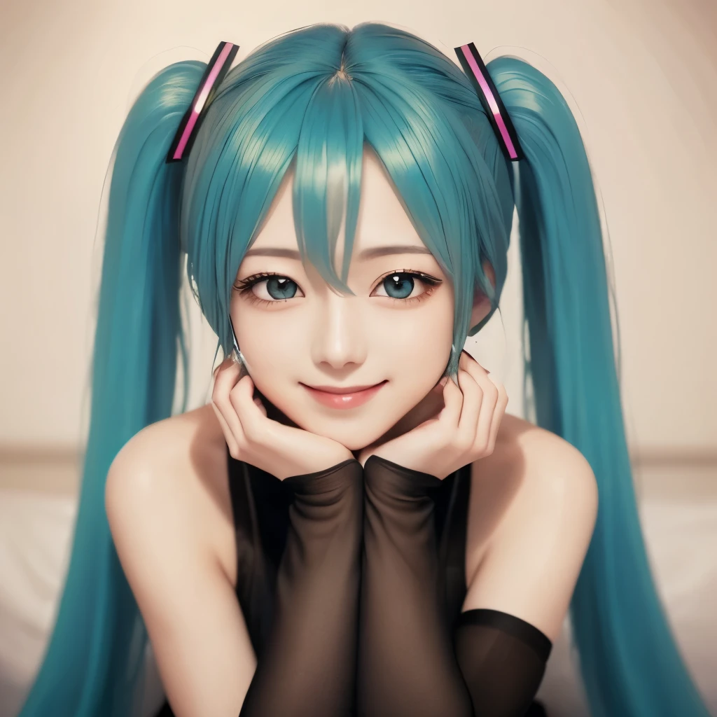 (One lady)、(masterpiece)、(best qualtiy)、(ultra - detailed)、(a high chroma), hatsune miku、(Fine and beautiful eyes)、Delicate beautiful face, (Black stockings), smiling, upper body shot