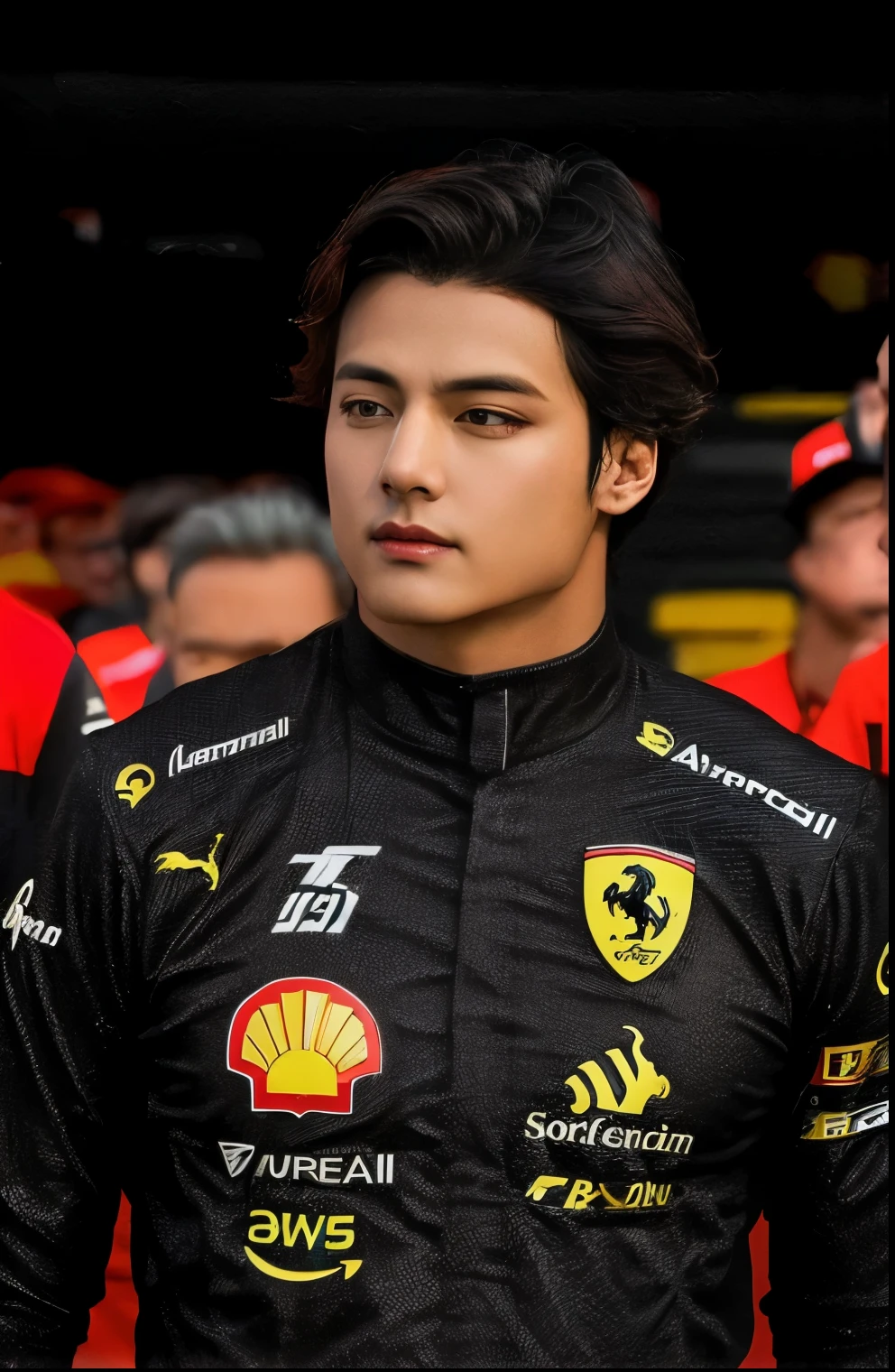 arafed man in a black shirt with a yellow and red logo, ferrari logo on it's chest, f 1, f 1/4, f / 1, ferrari, f 1/3, daniel ricciardo, inspired by Francesco Filippini, inspired by Federico Zuccari, inspired by Bernardo Cavallino, serious focussed look, kimi vera, kim taehyung bts