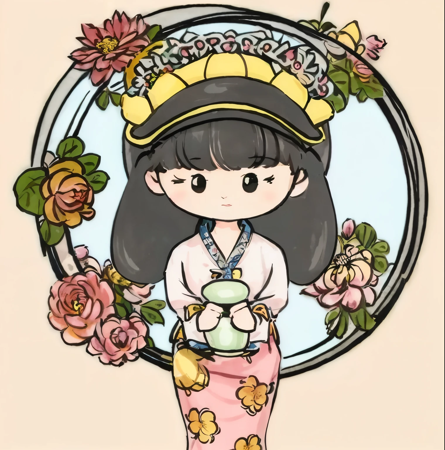 one wearing a skirt、wearing a hat、cartoon girl holding cup, Inspired by Yumeji Takehisa, Lotus flower crown girl, hand painted cartoon art style, Japan cartoon style, Official illustration, she has a flower crown, Lovely art style, Korean Art Nouveau Animation, Traditional style, Illustrated in a whimsical style, Clean lines and flat colors, Inspired by JoWOnder