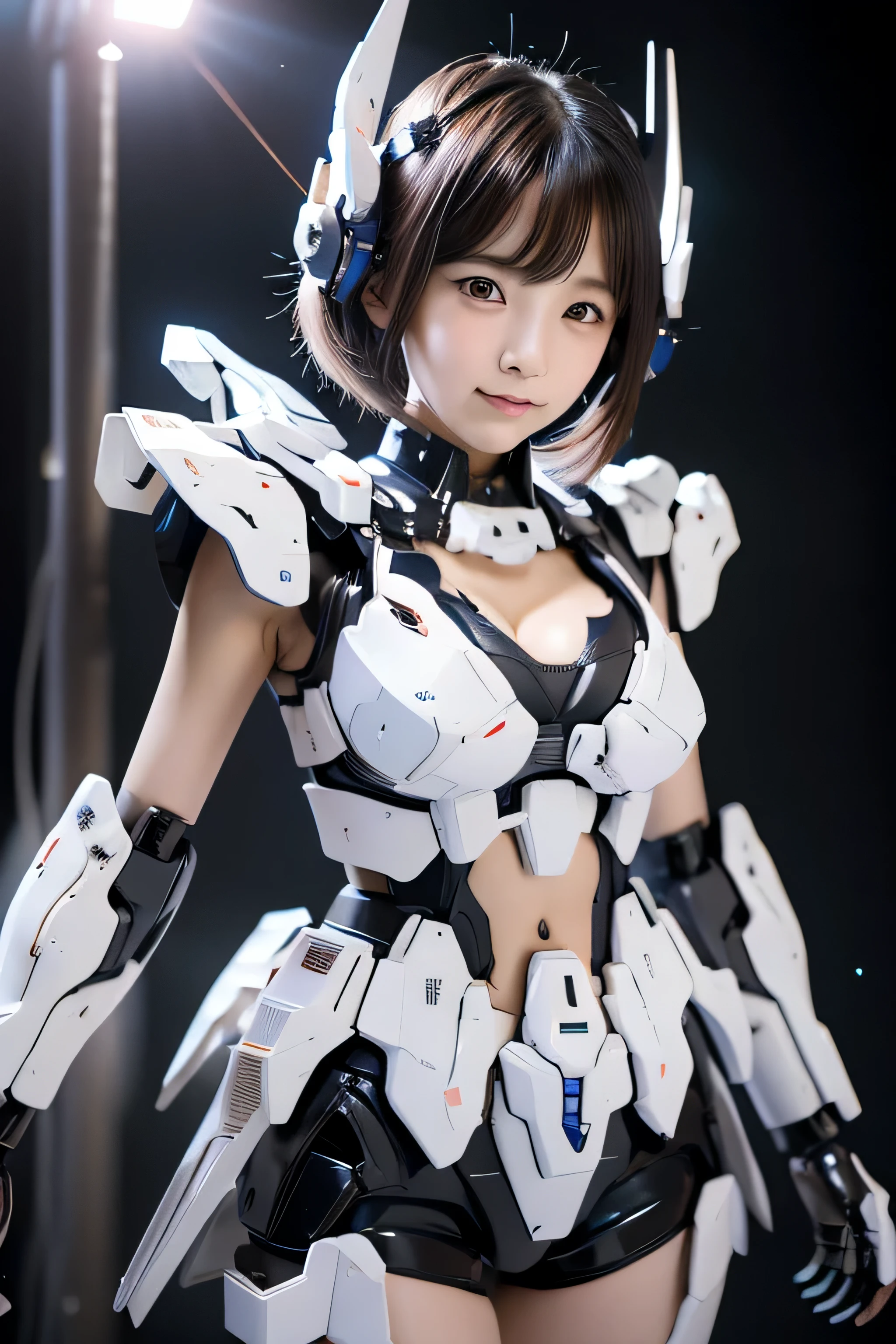 (highest quality)), ((masterpiece)), (very detailed: 1.3), 3D,Gundam Mech, Young Japanese girl wearing V-fins, with master chef style armor, unarmored cleavage, unarmored abdomen,unarmored upper arm,(face without armor),(unarmored hand),(unarmored waist),(thighs without armor),unarmored ankle, , Multilayer texture perfect proportions, octane rendering, duotone lighting, Low ISO, White balance, Rule of thirds, wide aperture, 8,000 students, High efficiency subpixel, subpixel convolution, particles of light, scattered light, Tyndall effect, cute, whole body, battle pose,(cute:1.2), (bob cut:1.3), black hair, thick eyebrows, light colored iris, big, shining black eyes, long eyelashes, small, pale natural lips, (Average Japanese idol face), ((日本人特有のbaby face:1.3)), (baby face), wide forehead:1.2, plump cheeks, small chin, spread legs,spread your legs,shoot from the front,