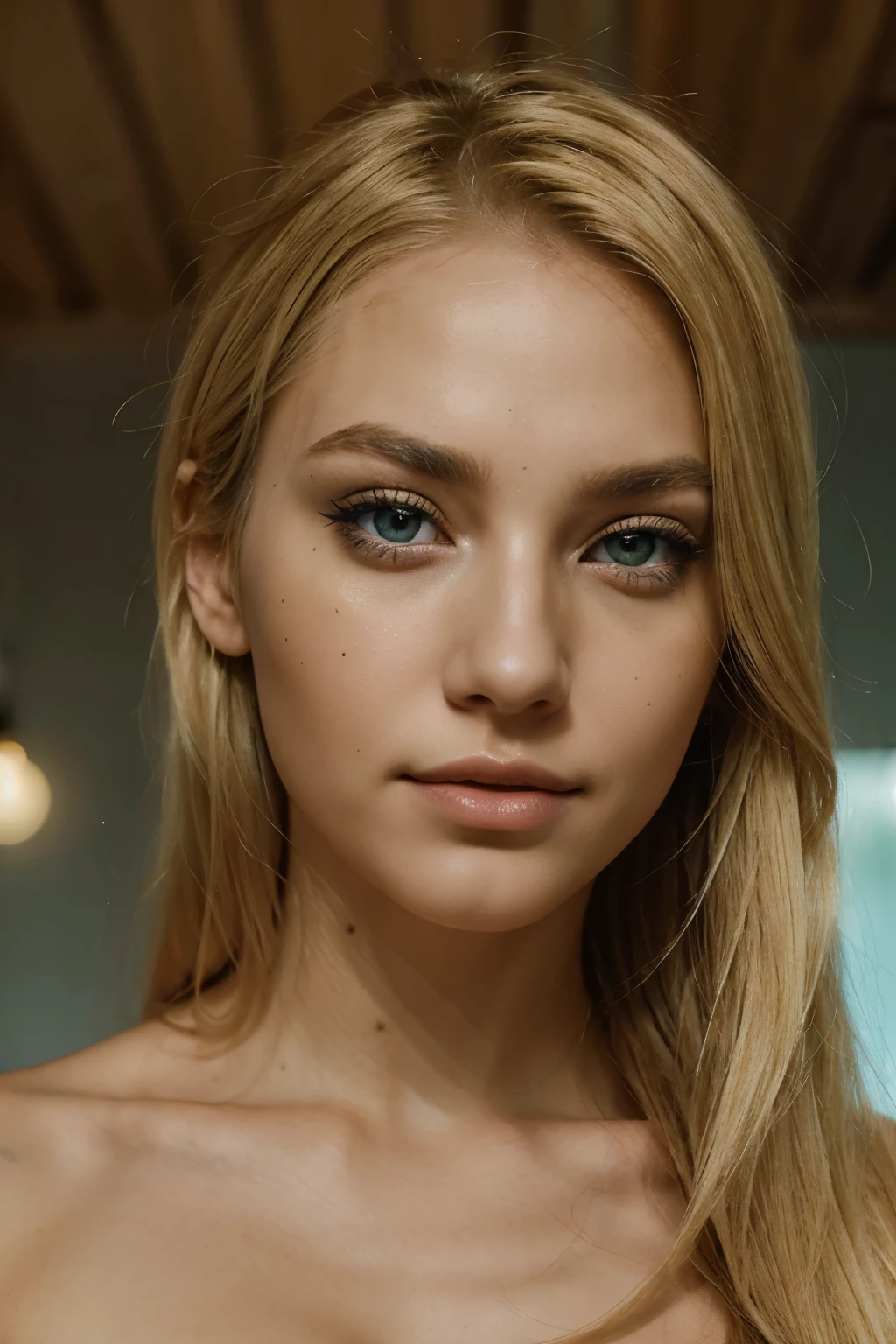 crazy beautiful woman with blonde hair, 1 iris is blue and 1 iris is green and a feature on her face that is also beautiful and not easy to forget, the face is clear visible 