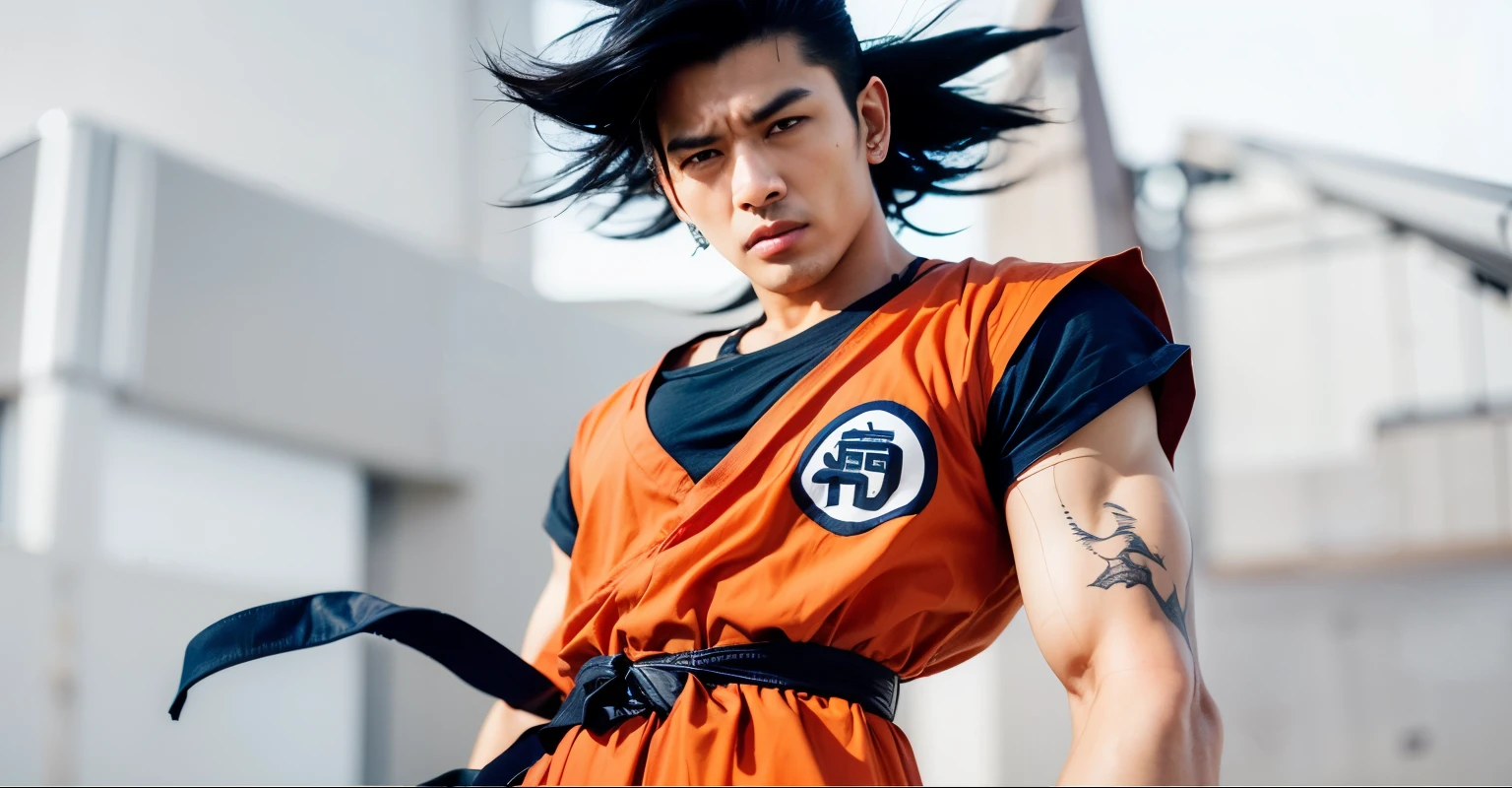 (best quality, highres, realistic:1.37), black asian man, black hair, angry expression, muscular build, vibrant orange shirt with blue accents, intense gaze, rugged features, striking contrast between his dark hair and vibrant clothing, dramatic lighting, dynamic pose, powerful presence