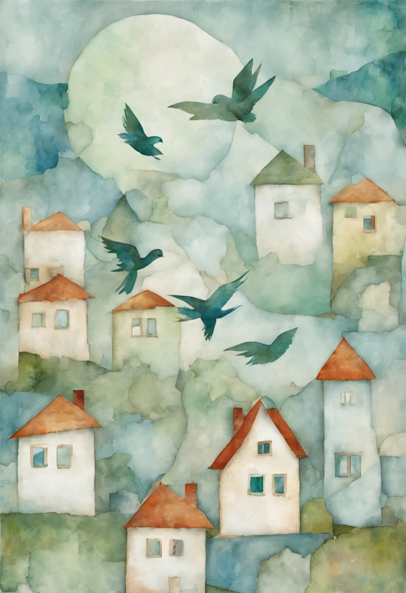n art paper painting with birds flying and houses with houses, in the style of soft and dreamy, light blue and green, quirky collage, crystalline and geological forms, soft rough watercolours, digital collage, secluded settings 