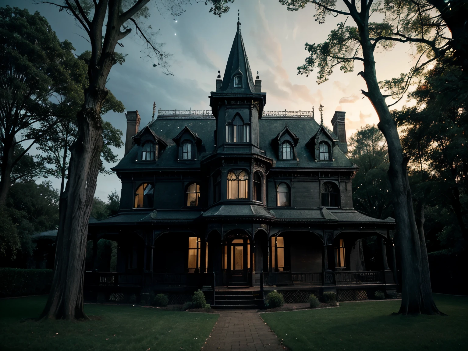 bid old victorian mansion crrepy ambient, nightime, old trees on the sides, terror look