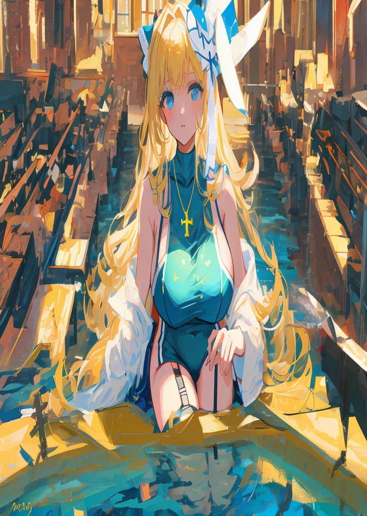 Anime girl sitting on a church bench carrying a cross, splash ink art anime , anime style 4k, wallpaper anime blue water, guweiz on pixiv artstation, guweiz on artstation pixiv, Popular topics on artstation pixiv, Blonde long hair anime girl, Highest rated on pixiv, Beautiful anime artwork