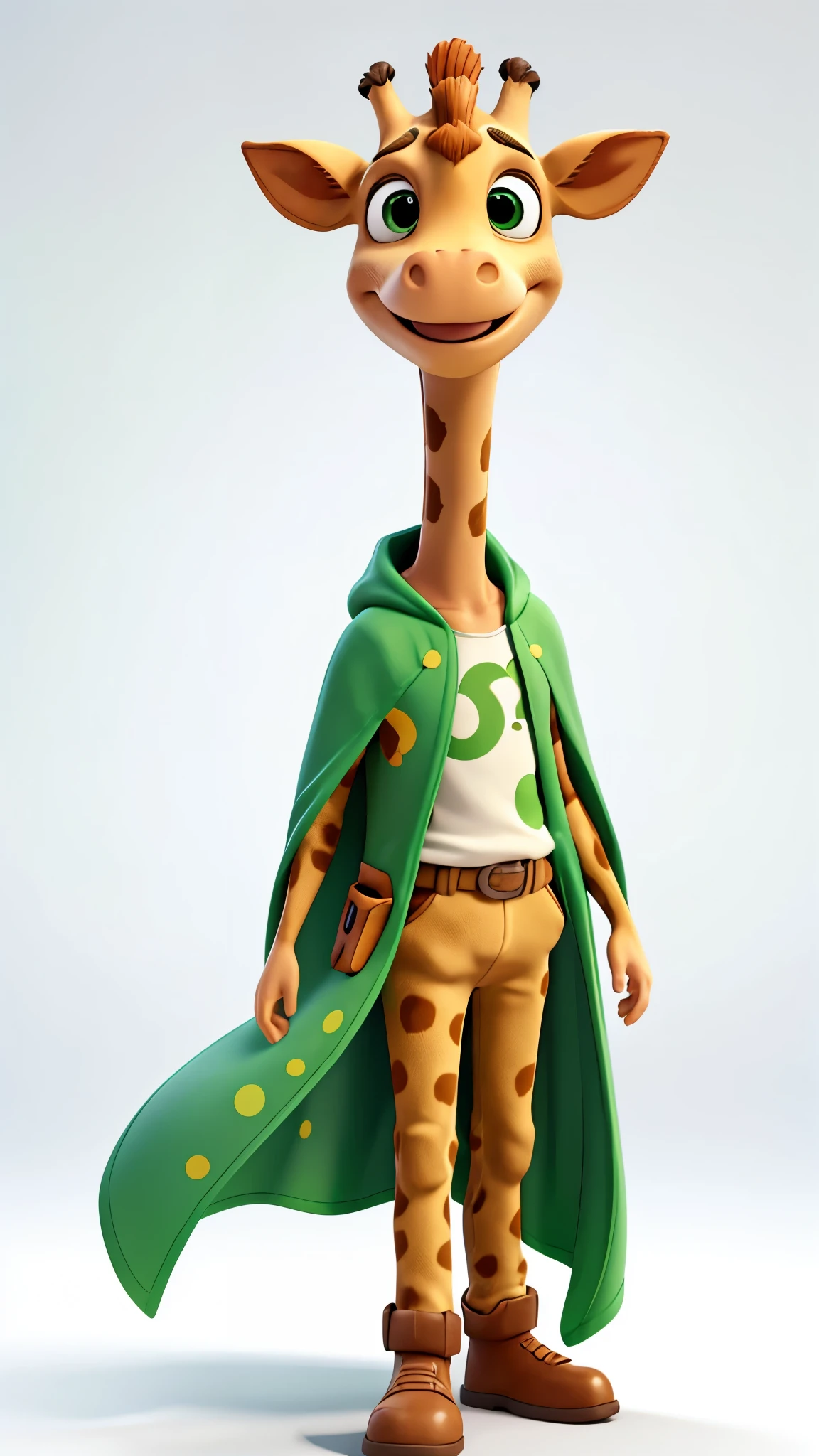 Pixar Disney Geoffrey The Giraffe: superhero, cape, ((white background)), green cape, eyes mask, smile, colorful, ((1 character)), ((1 figure)), ((only one 3d character)), short neck, green eyes, white t-shirt