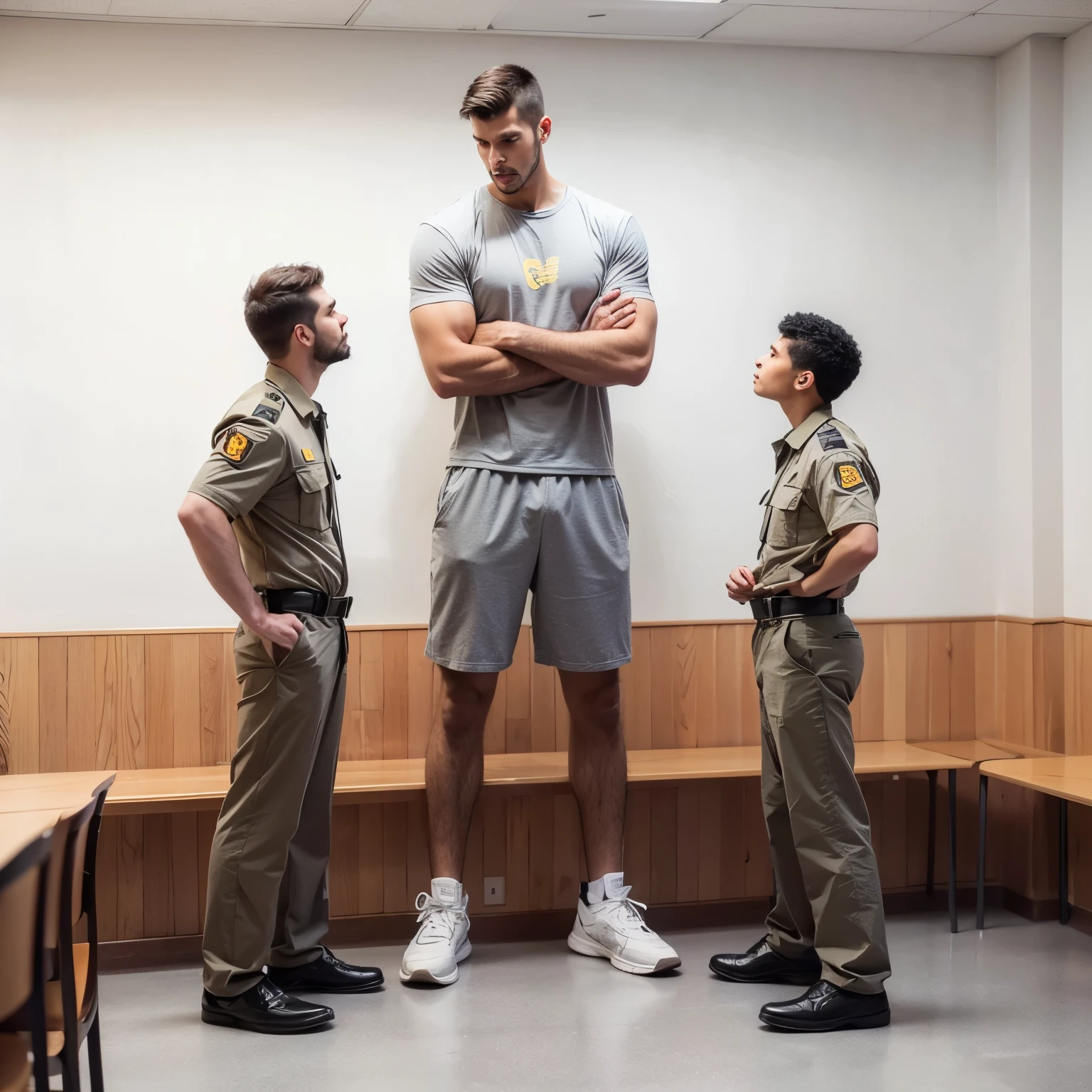 three men in uniform standing in a room with a man in a uniform, strong and tall, incredibly strong and tall, tall and muscular, tall and strong, athletic tall handsome guys, tall man, taller than man, 155 cm tall, tall handsome guys, 165 cm tall, strong and imposing, with naked body wearing only old brief highlighted at extral large bulge, still from a live action movie
