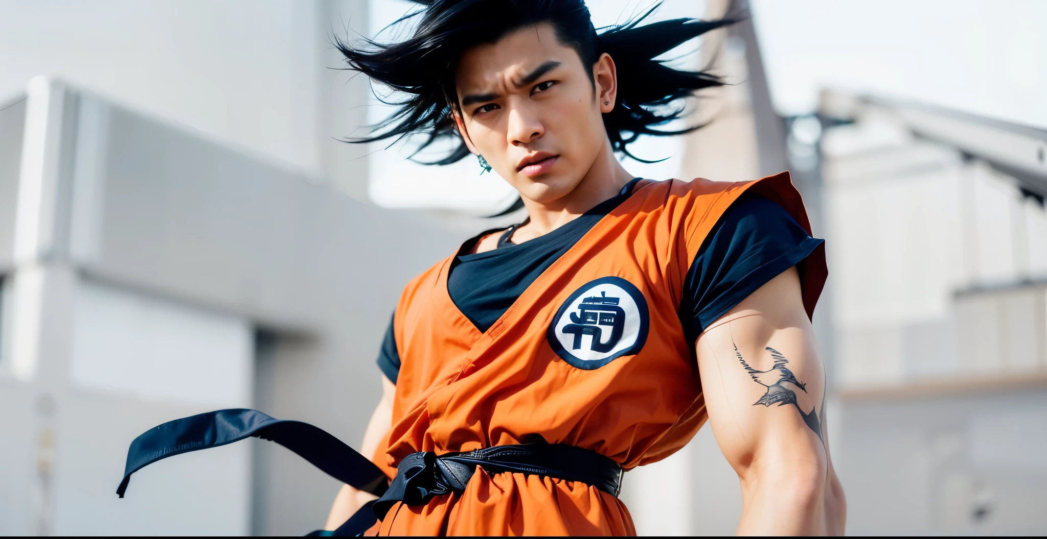(best quality, highres, realistic:1.37), black asian man, black hair, angry expression, muscular build, vibrant orange shirt with blue accents, intense gaze, rugged features, striking contrast between his dark hair and vibrant clothing, dramatic lighting, dynamic pose, powerful presence, mountain in the background