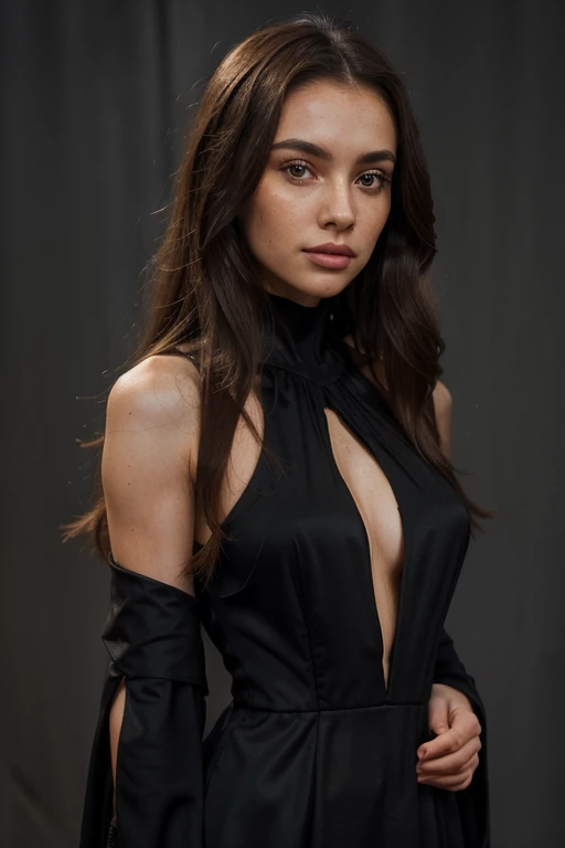 ((best quality)), ((masterpiece)), (detailed), perfect face realistic photo of beautiful woman with long dark brown hair, Russian, influencer, light freckles, dark brown eyes, big lips, no makeup, instagram, in a black dress standing in front of a gray background, inspired by Slava Raškaj, reddit, long luxurious gown, minimal bodycon feminine costume, with shoulder pads, trending on r/techwearclothing, clay, evening formal robes, elevation, assymetrical, skyline, jungle gown, cute black dress, elongated arms, dark tone, nikolay