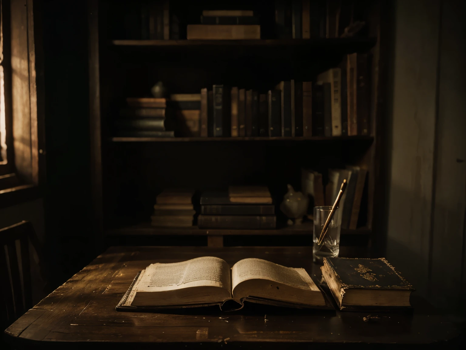 dark room with and ancient book on a table, close shot to the book, book full of dust and webcombs, creepy ambient