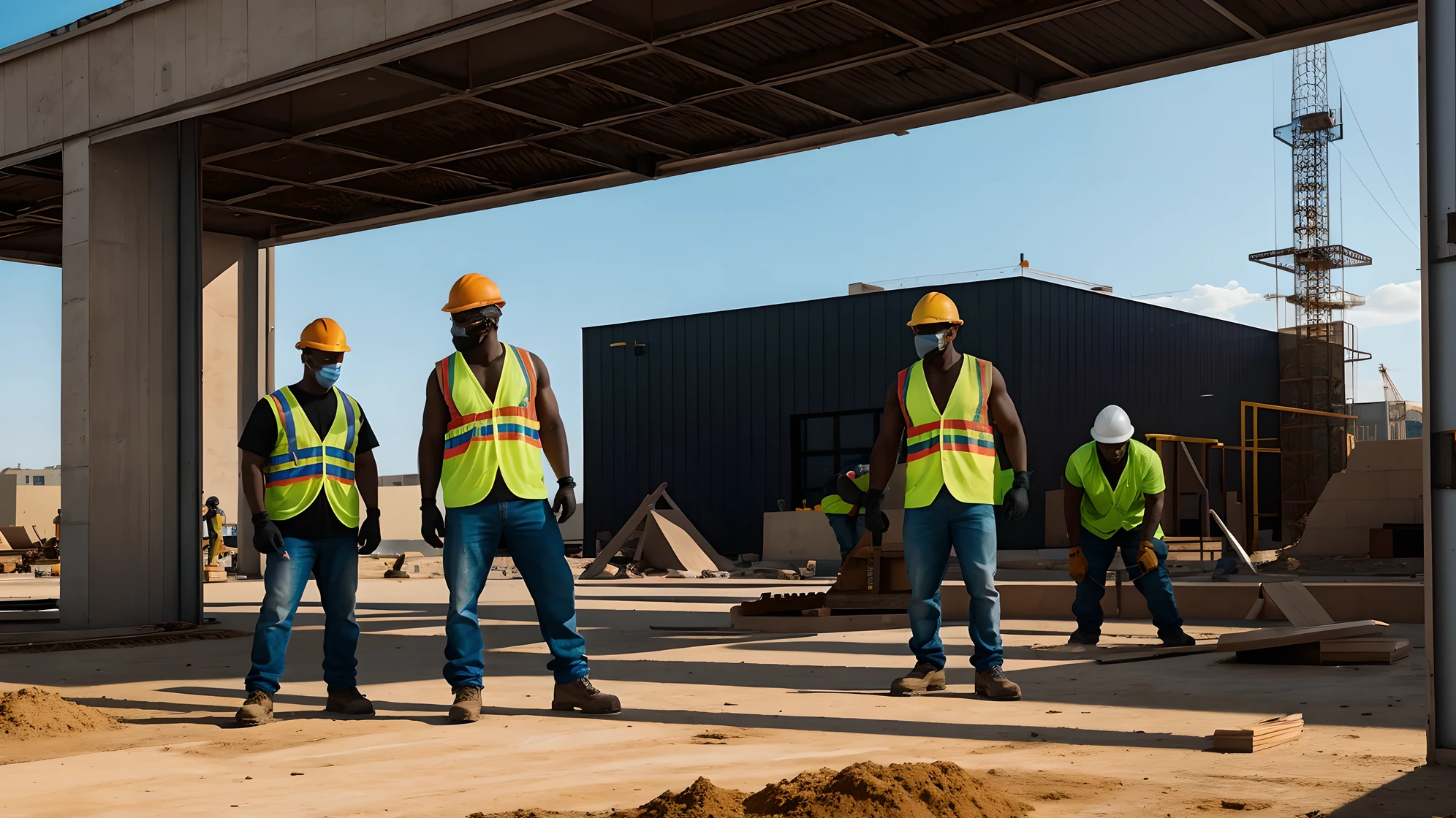 Black-American construction workers busy constructing a new building using various tools and machines. They are wearing construction uniform. They are unique individuals with different faces. rule of thirds composition, epic color gradients, high contrast, perfect shadows, perfect lighting, realistic skin textures, Ultra-realistic face quality, realistic body proportions, realistic hands