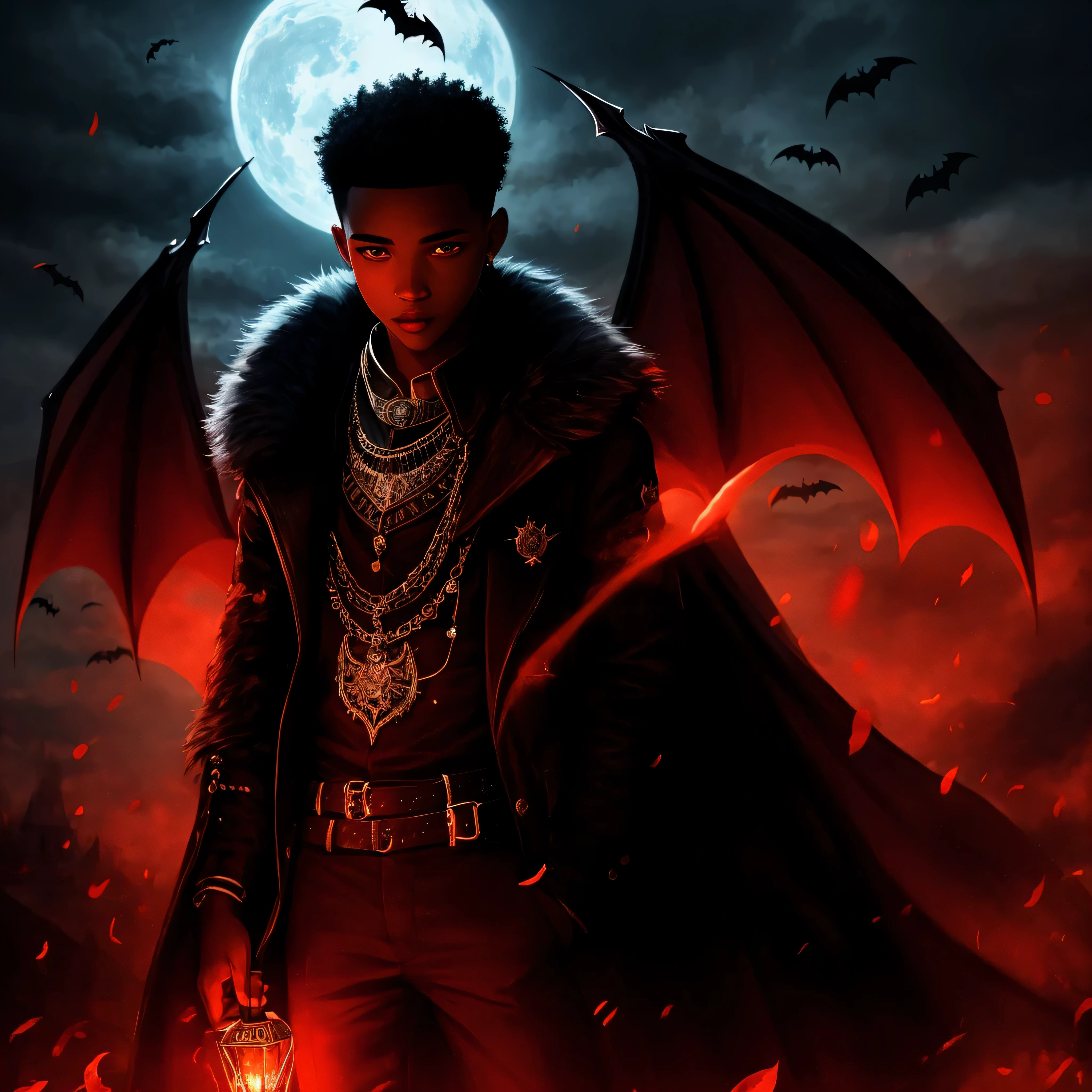 Fine, (Best Illustration), 8k Resolution, Intricate Details, Best Quality, Realistic, Ultra Detailed, Best Lighting, Best Shadows, Ultra HD, An angel like a black child  , Night, Magic, Dark Style, Vampire, Bat wings, red glowing eyes, handsome youth, prince