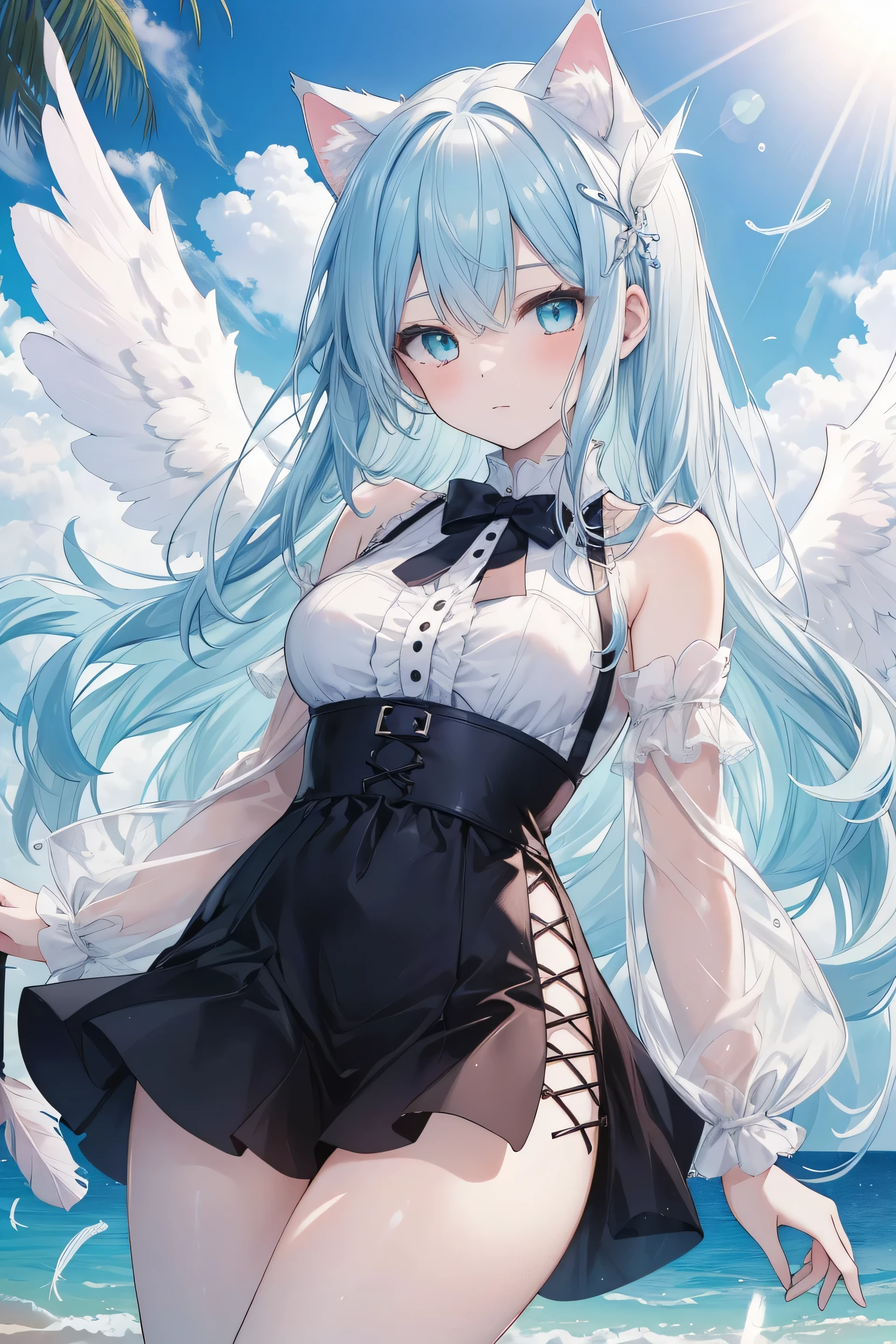 ((masterpiece)), ((highest quality)), ((8K)), High resolution, 1 girl, Cat ear, white skin, medium breasts, aqua eye, Angel, Around the wings, sunlight