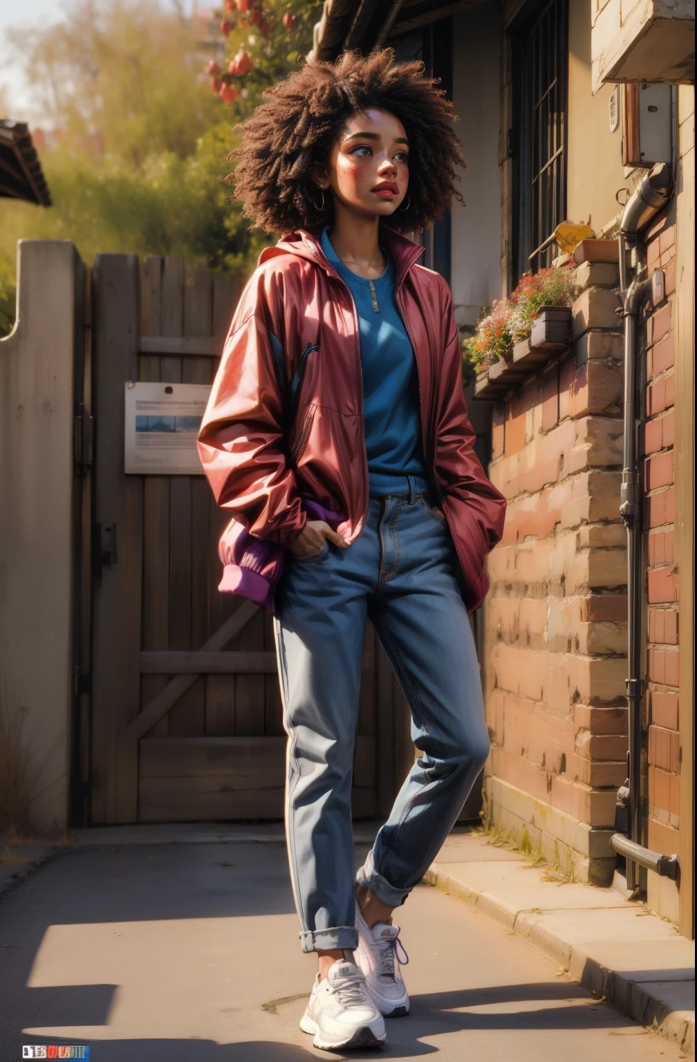 masterpiece, best quality, freckles, solo, dark skin, 1girl, wind blowing hair, multicolored hair, black sneakers, purple eyes, blue sweater, undercut, blush, long sleeves, full body, pants, indian style, looking away, looking to the side, outdoors, poster art 1980's, tritone
