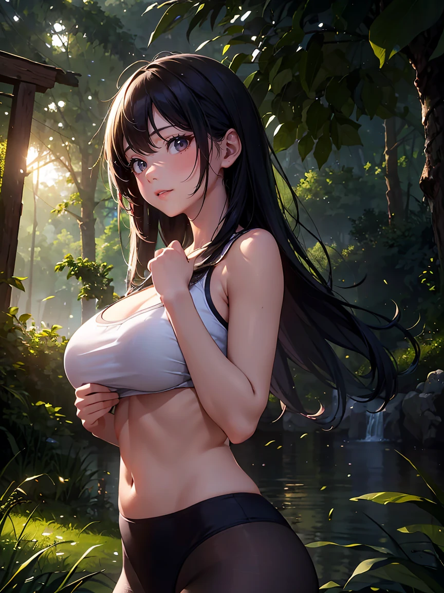 (highest quality,high resolution,(Ultra high fine mesh,4K), (ultra high resolution,8K),muste piece:1.2), (perfect anatomy,anatomically accurate), (angle from below), (soft lighting, rendering), Close ~ eyes, (girl doing yoga), (surrounded by nature), firefly, Peaceful and calm background Beautiful and detailed eyes, flowing long hair, yoga clothes, elegant pose, soft and gentle lighting, (very detailed and beautiful face), professional photography techniques, Bright colors, natural light, (very detailed and beautiful face), (large breasts:1.3), (Mysterious, Fantastic)