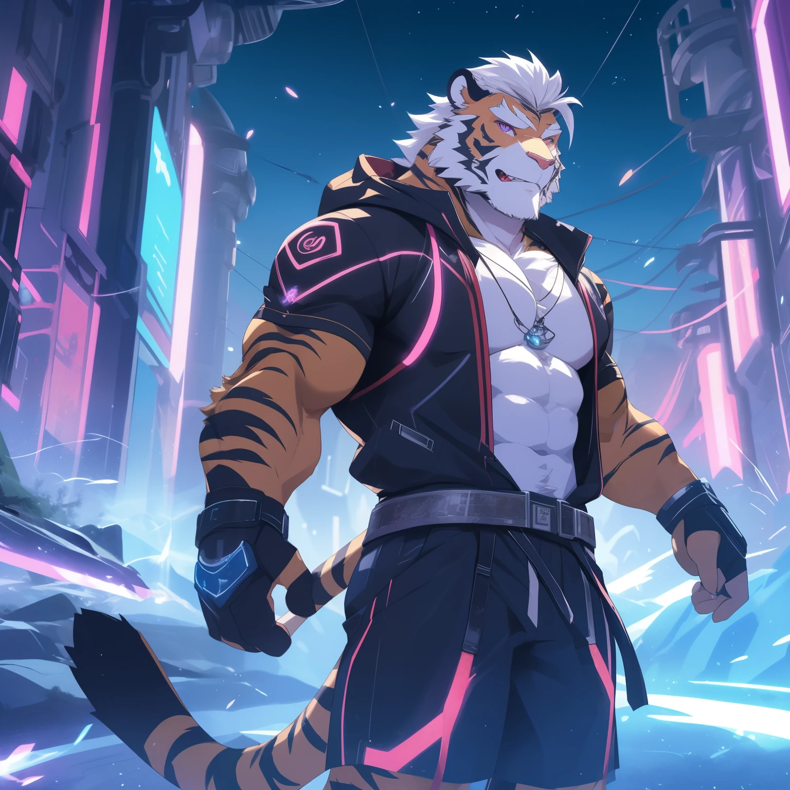 Humanity ((tiger)), hairy, tiger, golden fur, (white hair:1.5), beard, male, white eyebrows, violet eyes, masterpiece, (No streaks on face:1.5), ((best quality)), Character Focus Solo, Handsome, middle aged, Mature, muscle body, Sexy, like, whole body, (((Cossutola))) weilding a red Light saber katana, Blue short sleeve hoodie, shorts, blood moon, Light线追踪, masterpiece, best quality, super quality, ridiculous details, best Light, best shadow, sharp, sharp image, detailed, extremely detailed, great determination, 8k, 4K, ultra high definition, particle effect, beautiful effect, bright colors, neon Light, neon, Light, (((science fiction))), ((((battle scene))))