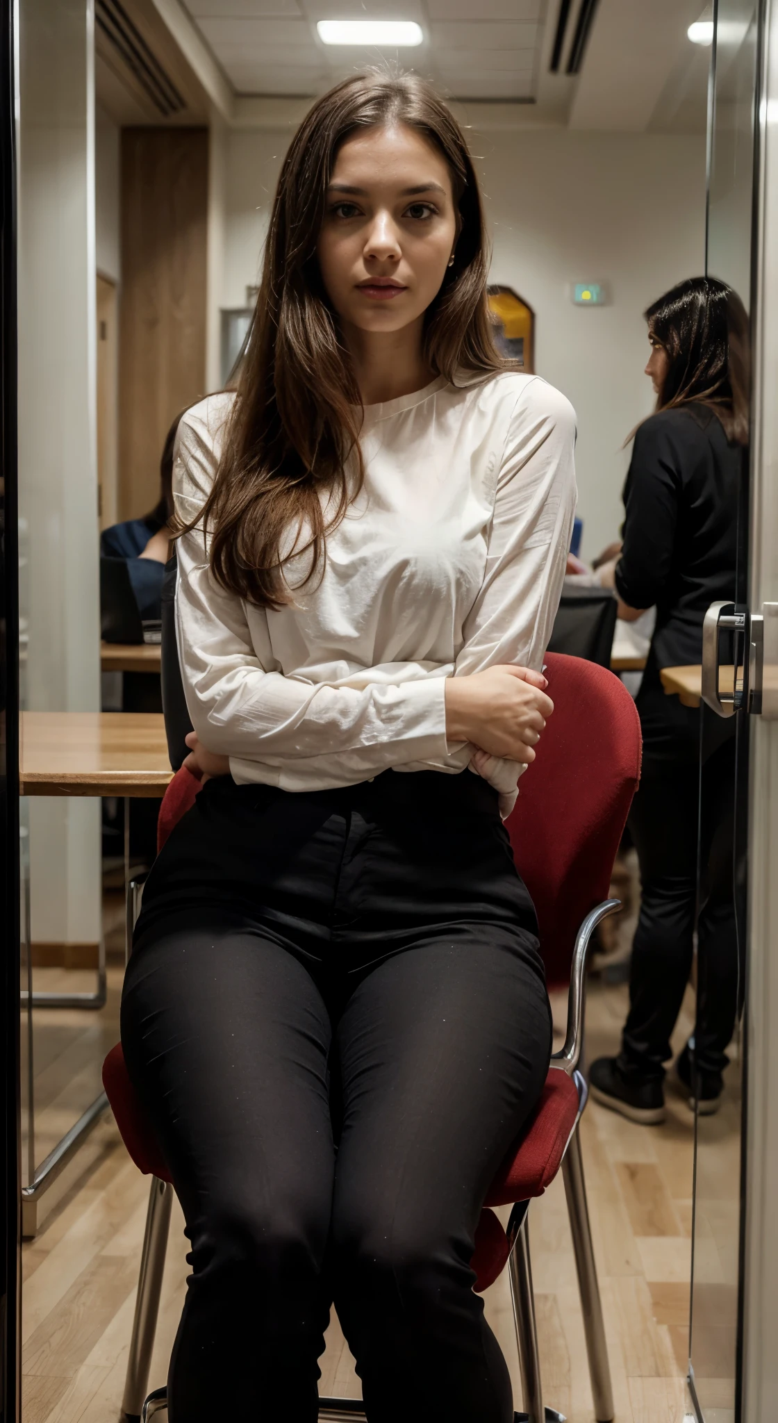 a photo of a beautiful woman, 30 years old, long beautiful hairs, dark brown hair, dark brown eyes, sitting at a table in a conference room, leaning back on her chair, full body, wearing white blouse with rolled up sleeves, wearing tight BLACK chino pants, the table is in the foreground, her legs are visible, the view is from 45 degrees from the side from the front, looking in the camera, red lipstic, natural light coomming from a window, there is a wann behind her, backgorund blurred, cinematic lighting, motion blur, film grain, very detailed, 30 years, dark brown eyes, high-res, masterpiece, best quality, intricate details, highly detailed, sharp focus, detailed skin, realistic skin texture, texture, detailed eyes, professional, 4k, 85mm, shallow depth of field, perfect fit body, extremely detailed, photo_\(ultra\), photorealistic, realistic, post-processing, maximum detail, roughness, real life, ultra realistic, photorealism, photography, 8k uhd, photography (grain of film) medium shot for closeup shot, longer slimer face, perfect face, HANDS ARE HIDDEN, natural legs, wearing tights, natural arms, middle size breast, charming deep eyes, flirty look. hands are hidden, wearing instransparent luxury business pants, wearing intransparent luxury blouse, only one woman on the image