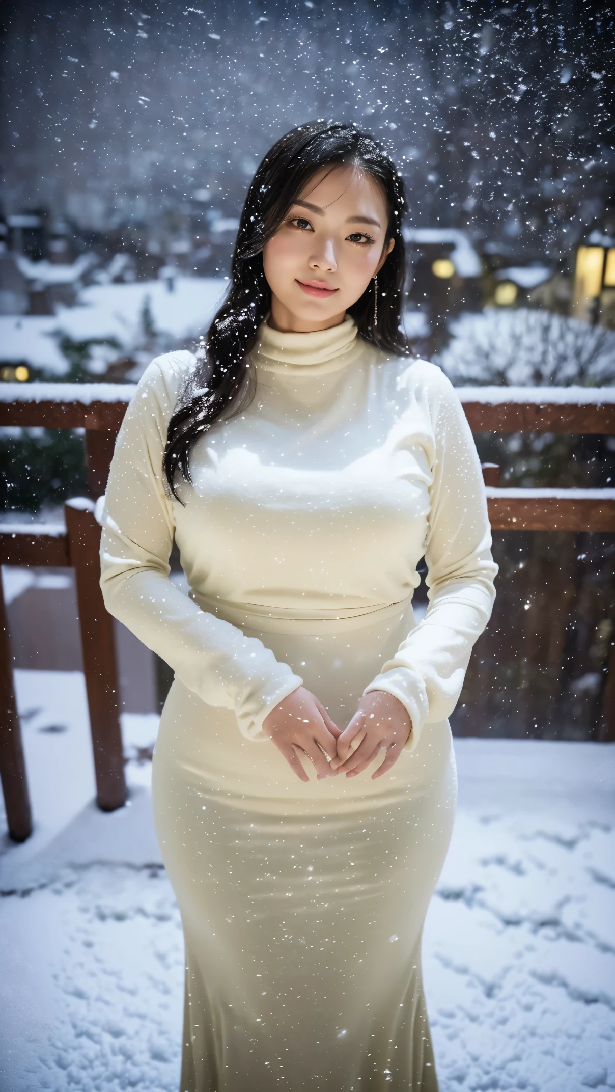 (masutepiece,High quality,16k:1.1),(depth of fields:1.3) ,((front body:1.35)),  Japanese ,young Girl,standard height,khaki Long Sleeve round neck T-shirt Maxi ((Tight)) Dress, huge breasts, thicc, curvy,(Looking at Viewer:1.3),(full body shot:1.2),(snowy landscape:1.2),(It's snowing:1.4),(Beautiful night view of Tokyo town:1.2)